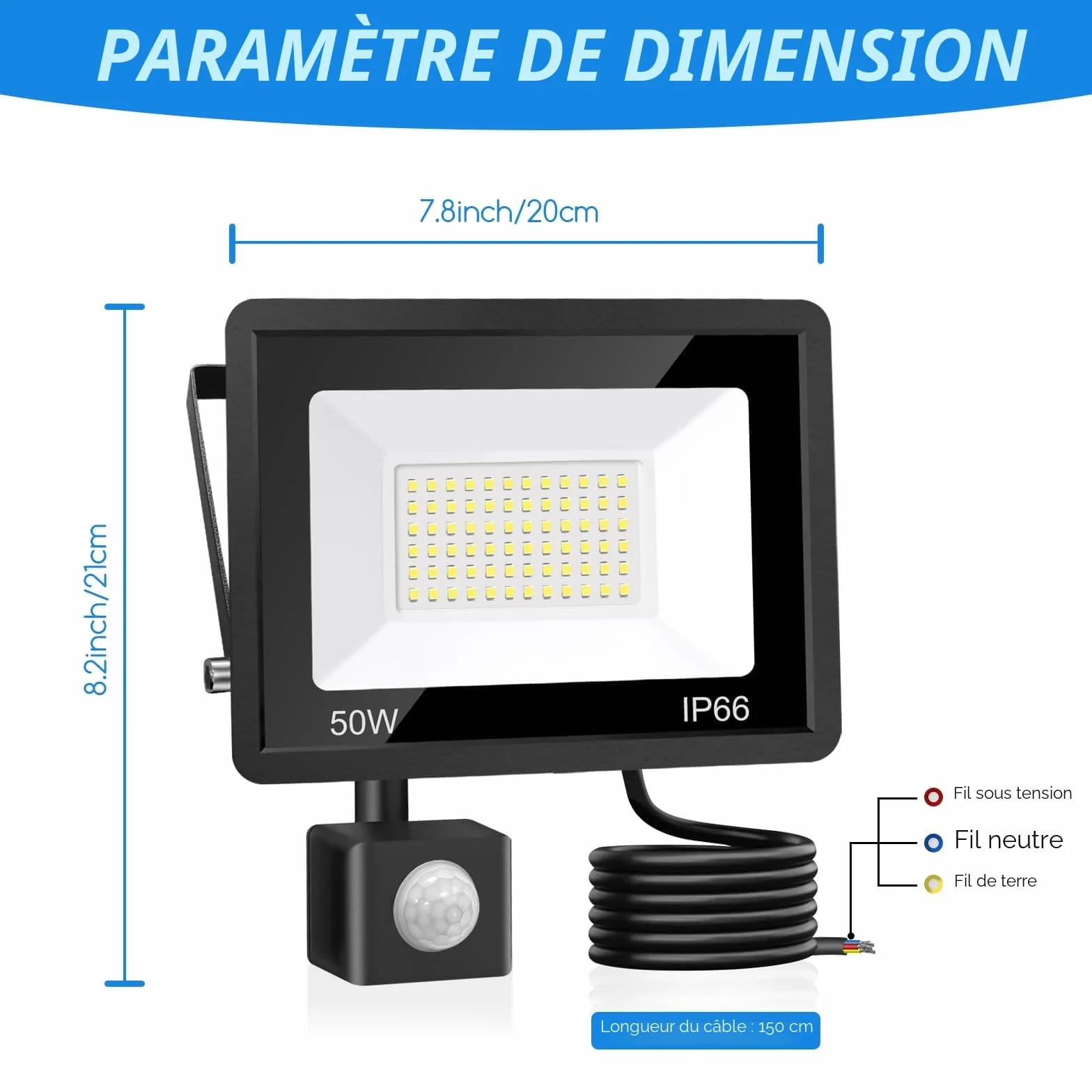 Projecteur LED Extérieur 50W 4500 Lumens 6500K IP66 Détecteur de Mouvement