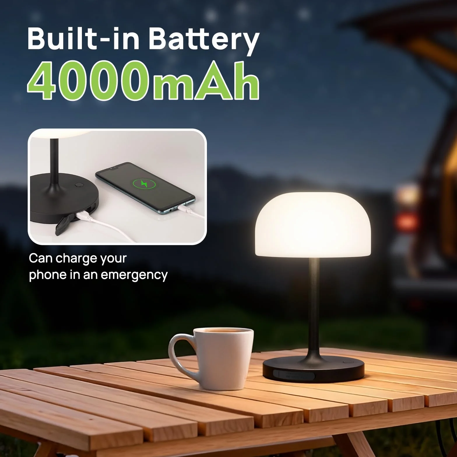 Lampe de Chevet Sans Fil LED Rechargeable, Lampe Champignon Tactile Noir, Veilleuse Intérieur Extérieur