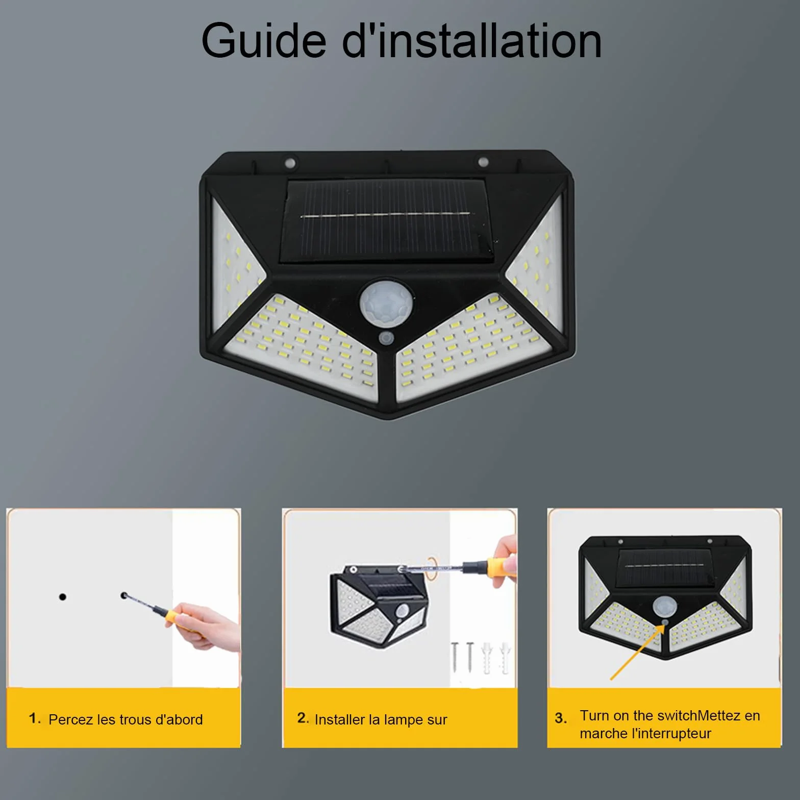 Lampe Solaire Extérieur avec Détecteur de Mouvement 100 LED IP65 Etanche 3 Modes Angle 270° Batterie 800mAh Lot de 4