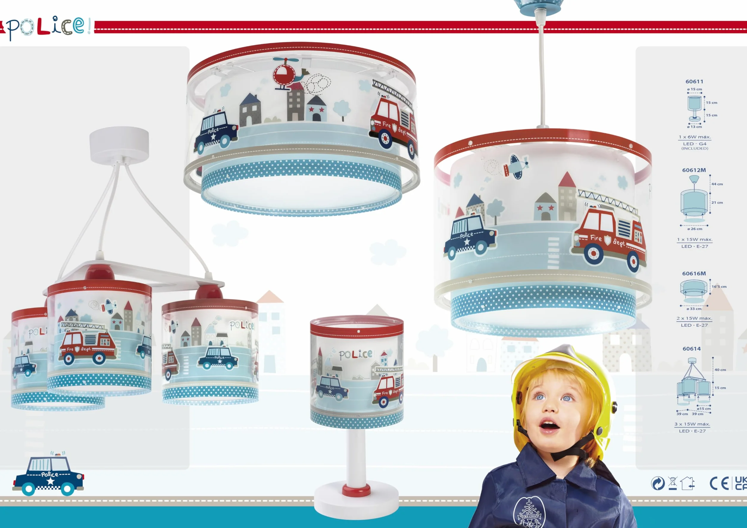 Dalber Lampe de chevet enfant Police Pompiers G4 LED 4 W Bleu