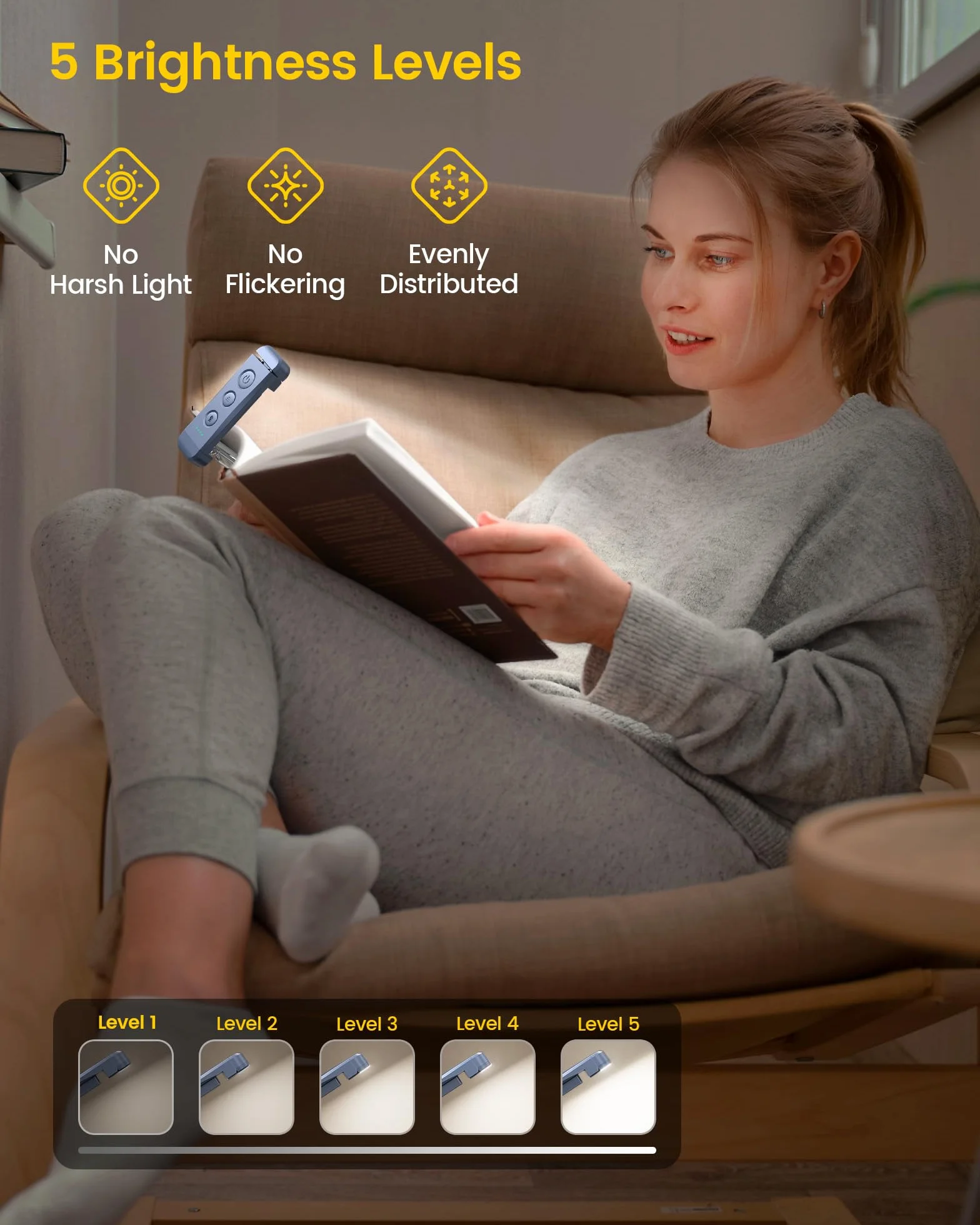 Glocusent Lampe de Lecture Rechargeable, 3 Couleurs Chaudes x 5 Réglages de Luminosité, Compacte et Durable, Gris-bleu