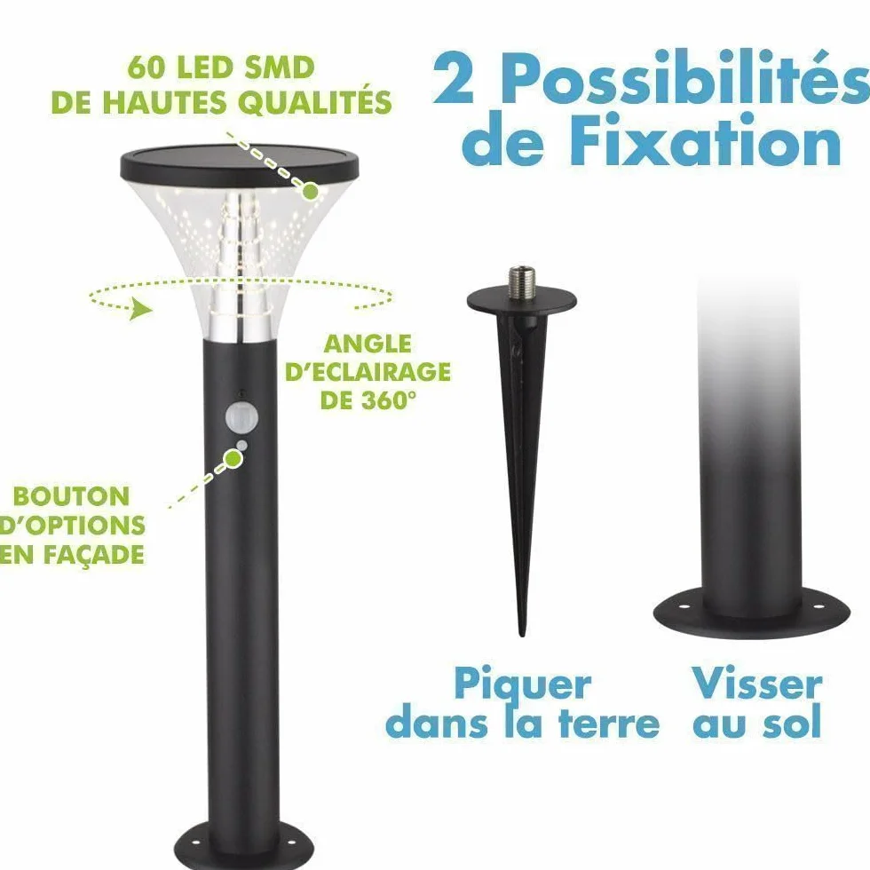 Arum LIGHTING Borne Solaire Extérieure BENIDORM 600 Lm IP44 Acier Inoxydable Noir Blanc Chaud H50cm