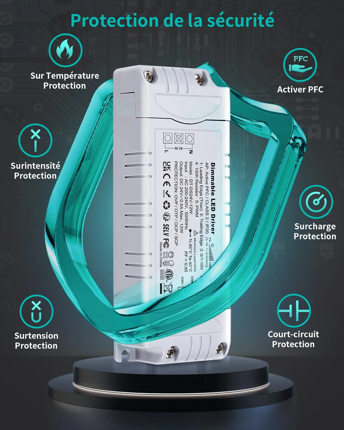 REYLAX Transformateur LED 220V 24V 20W 0.83A Dimmable Triac 0/1-10V AC DC