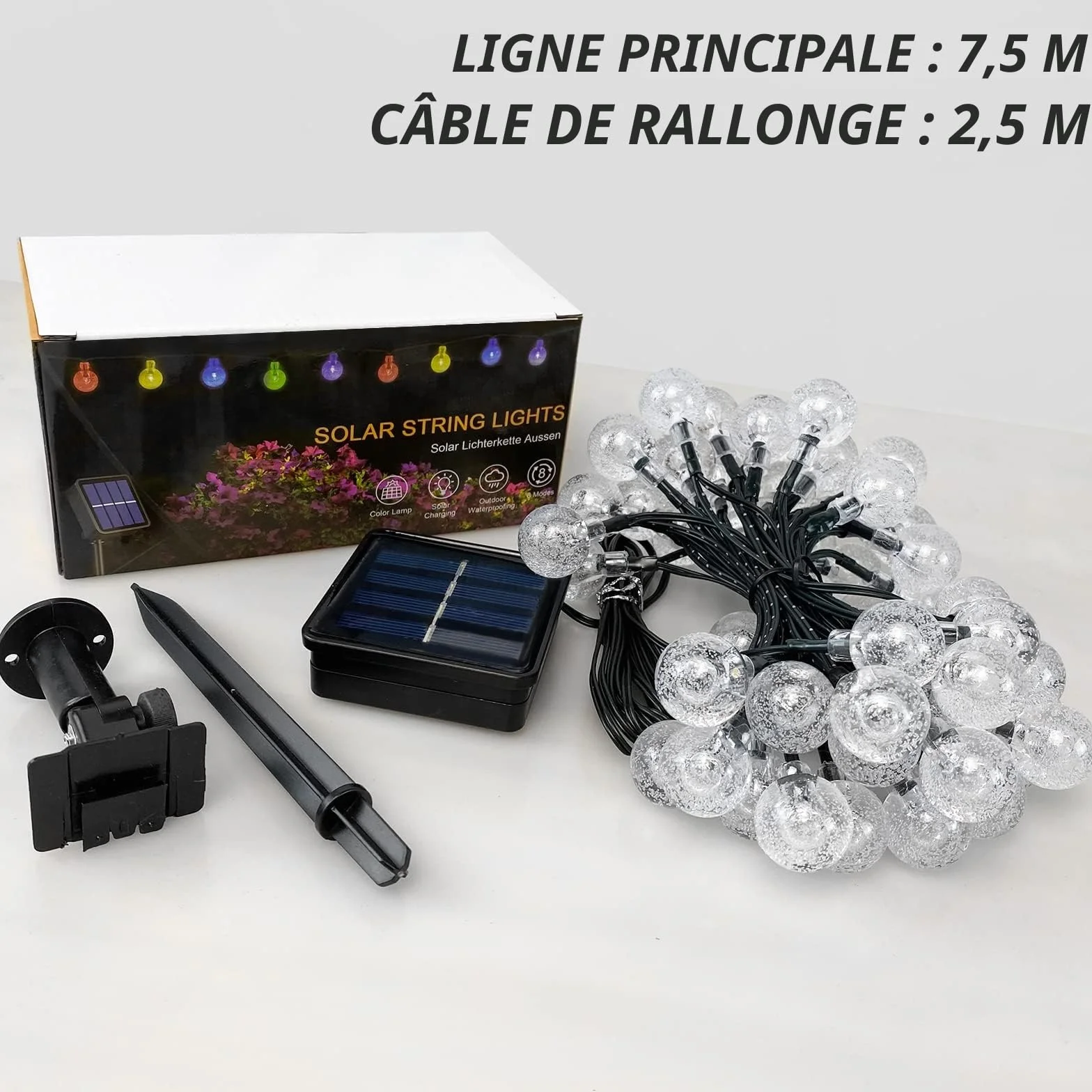 Guirlande lumineuse solaire LED étanche 50 LED 10 m 8 modes d'éclairage extérieur jardin terrasse Noël