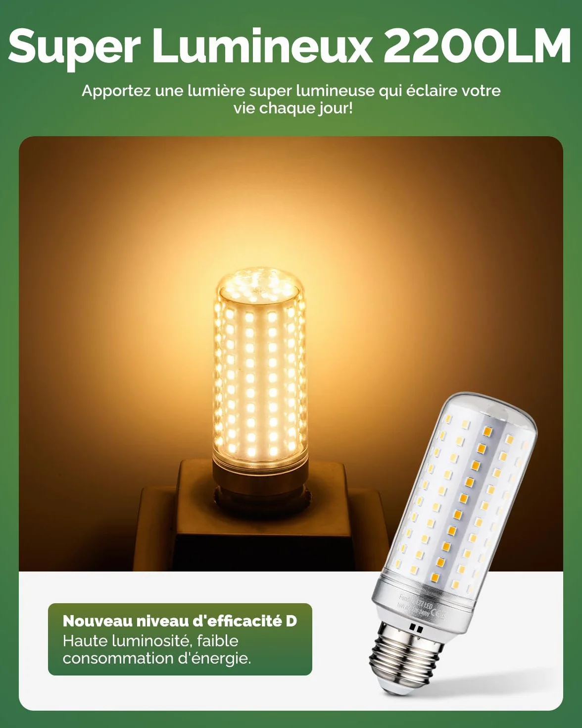 Fondiiz Ampoule LED E27 Blanc Chaud 3000K 16W 2200LM Équivalent 200W Halogène 220-240V Non-dimmable Lot de 4