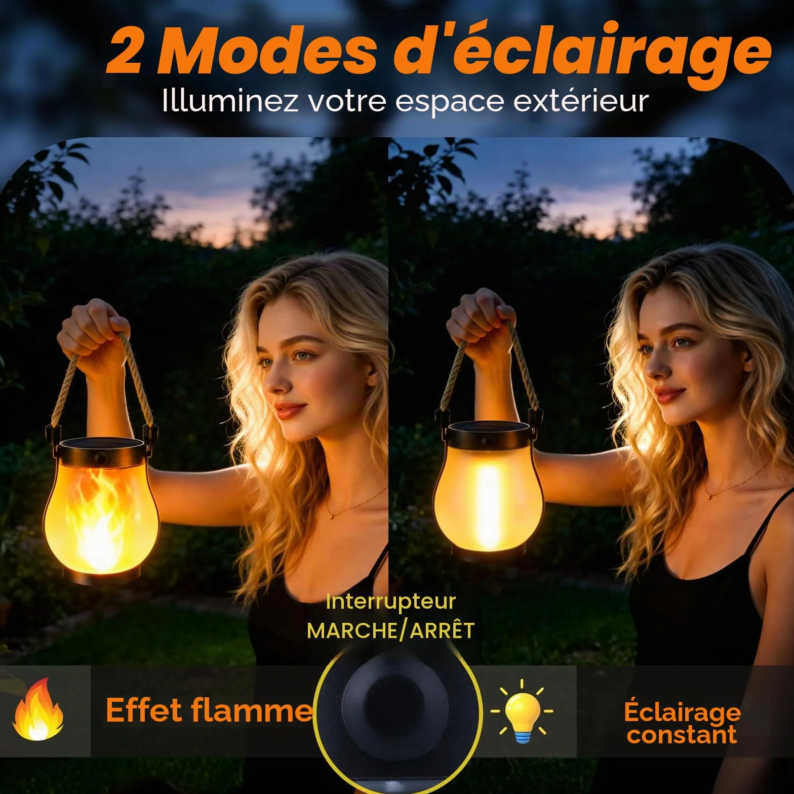 Lanternes solaires extérieures étanches flamme vacillante double charge USB solaire Lot de 2