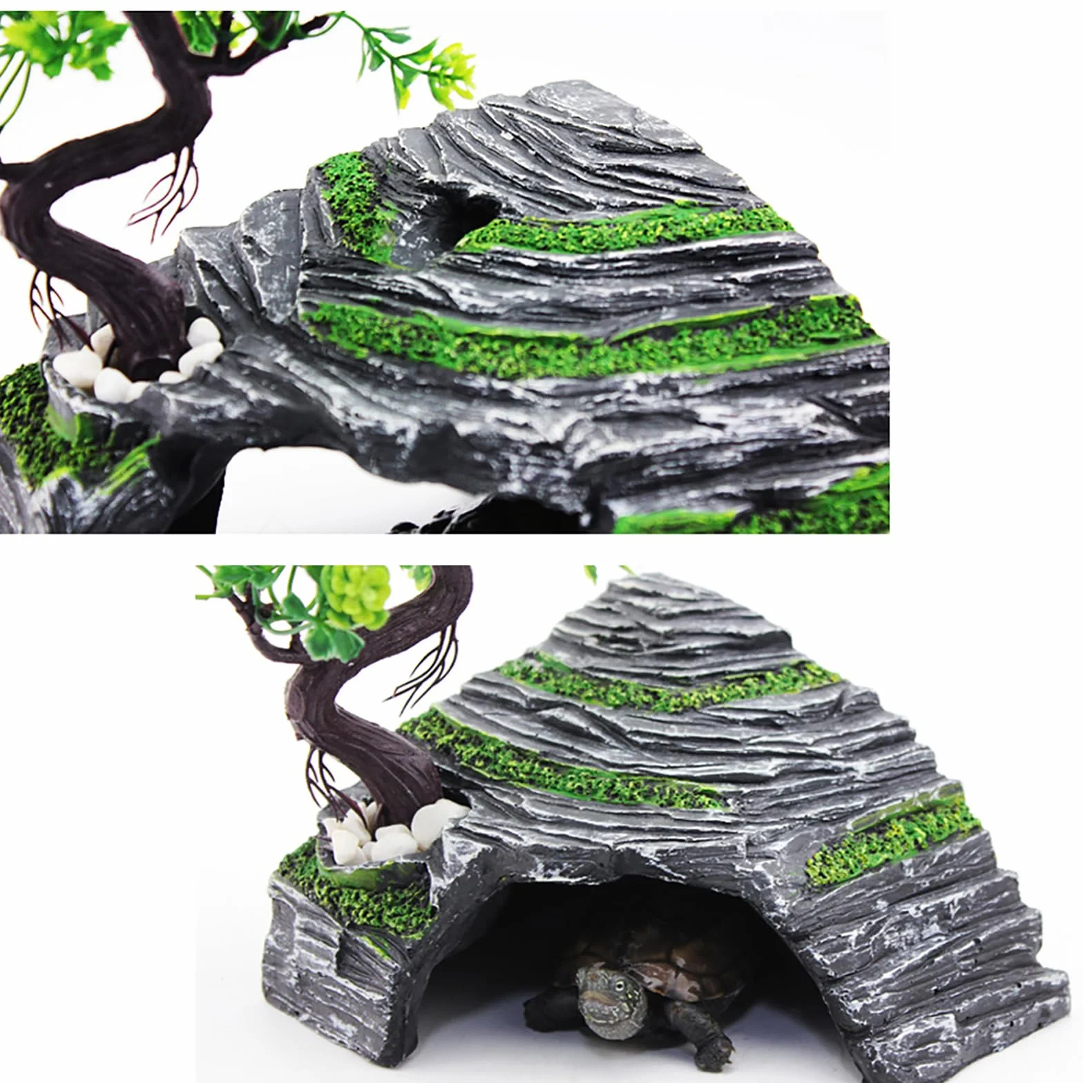 Omem Abri pour Reptiles Terrarium Cachette Rampe pour Tortue Plateforme Décoration d'habitat Humidificateur en résine (M)