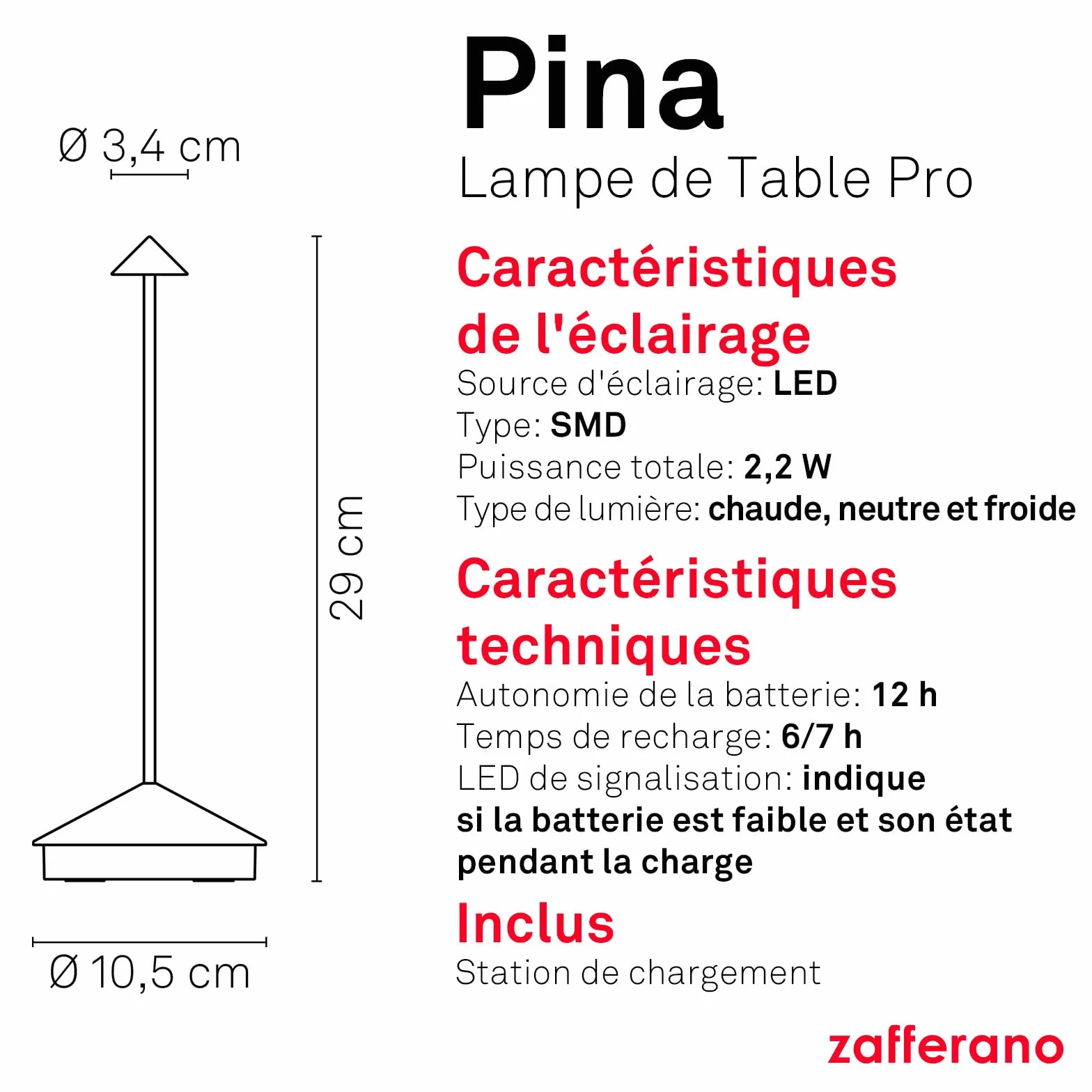Zafferano Pina Lampe de Table Rechargeable Sans Fil Contrôle Tactile Dimmer 2200-3000 K Hauteur 29 cm Couleur Sable