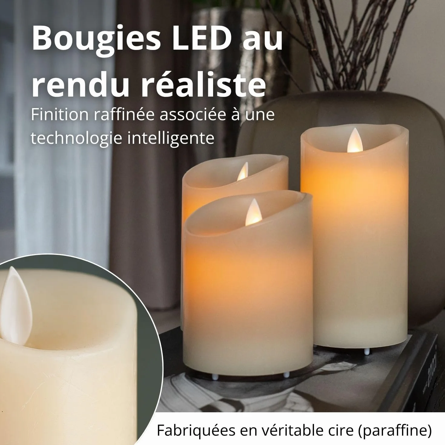 Bougies LED Rechargeables USB FLINQ - Fausse Bougie Flamme Vacillante avec Télécommande - 3 Unités
