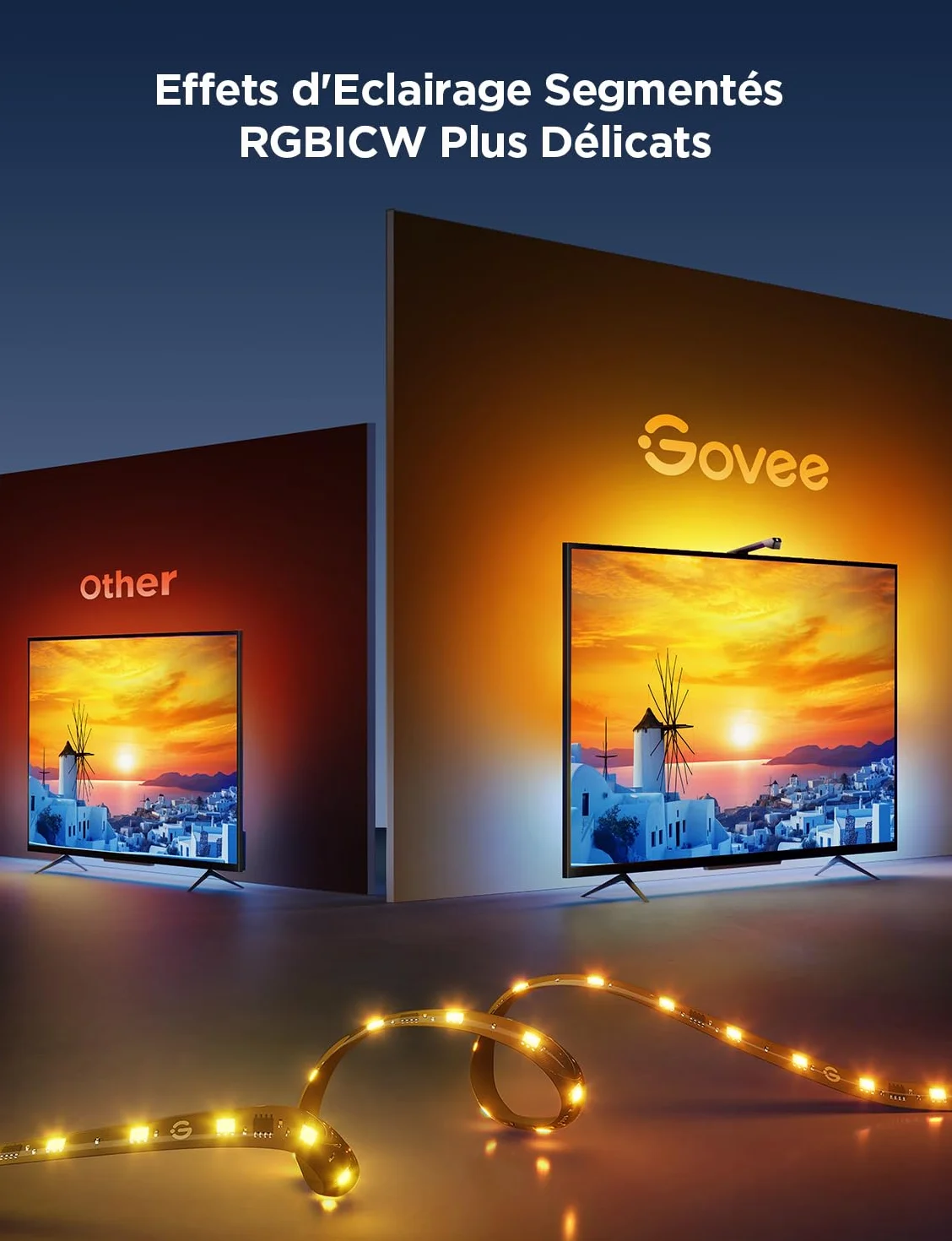 Govee TV Backlight 3 Lite avec Correction Fisheye, Ruban LED Ambilight RGBICW 3,6 m 55-65 pouces WiFi