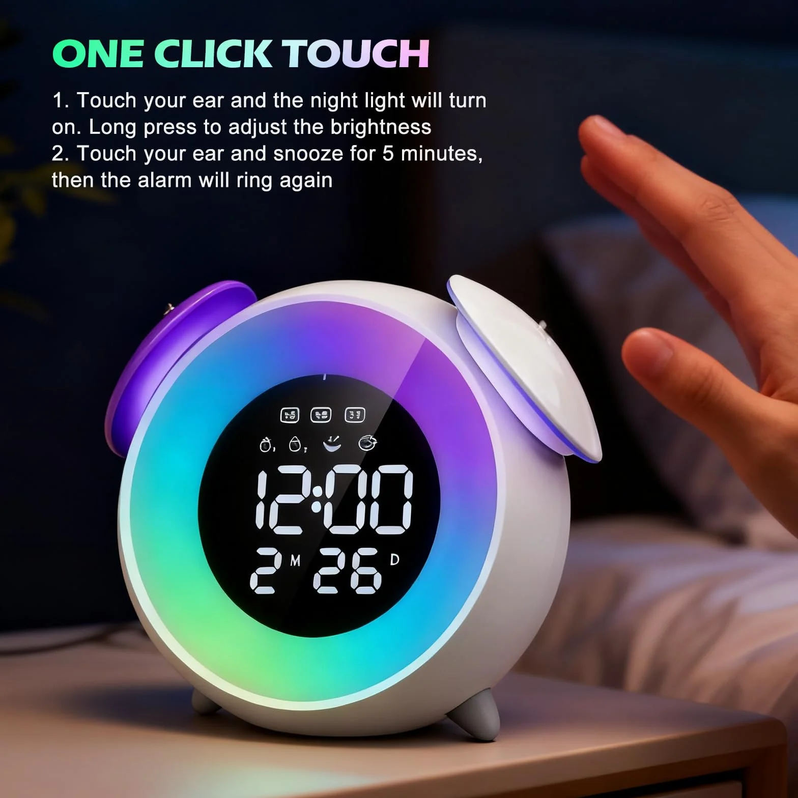 BORDEAG Réveil Enfants Entraîneur Sommeil Veilleuse 15 Couleurs Snooze Double Alarme 12/24