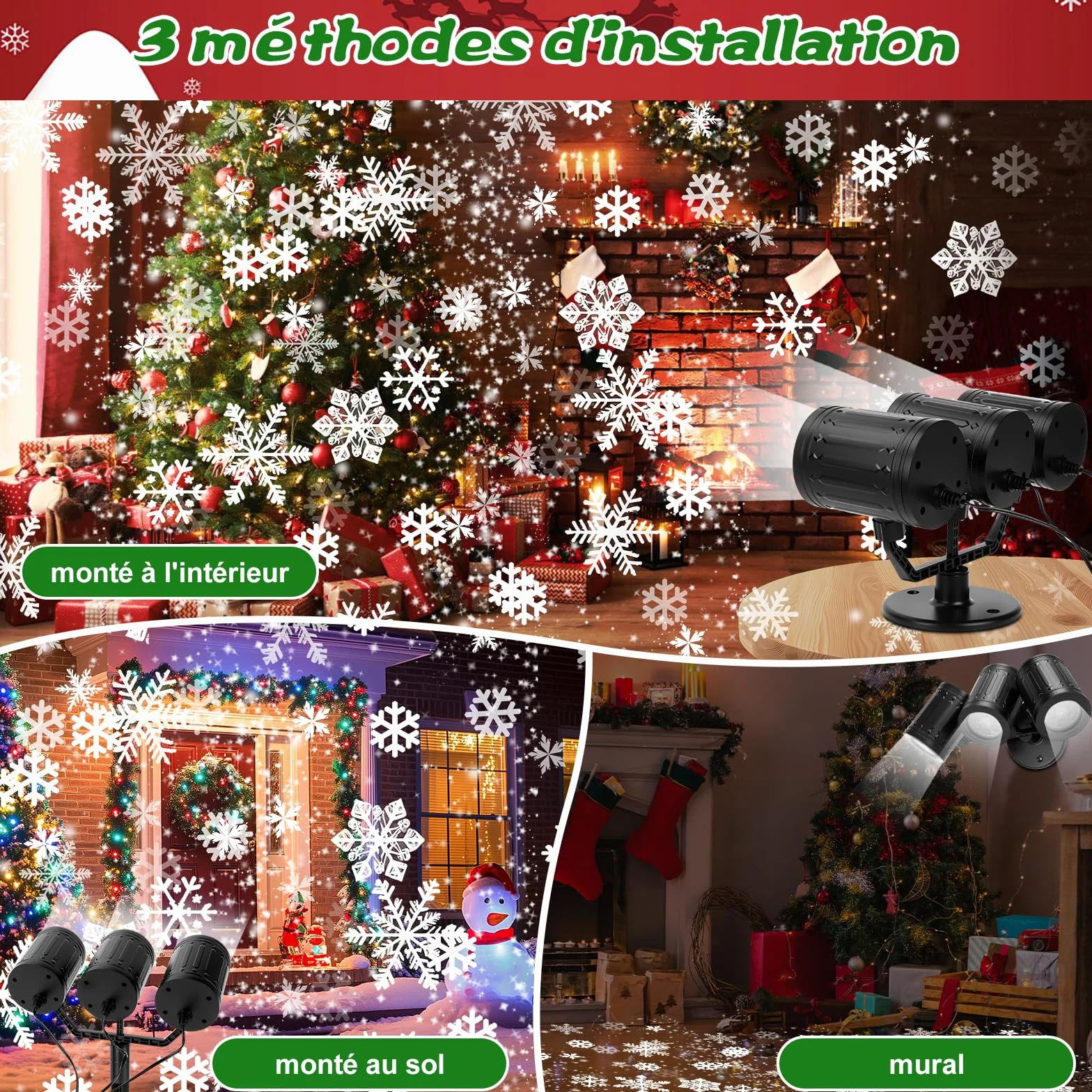Charmofun Projecteur de Noel Exterieur 3 Têtes Flocons de Neige Dynamique IP44 Étanche Temporisé Déco Lumineuse Noël