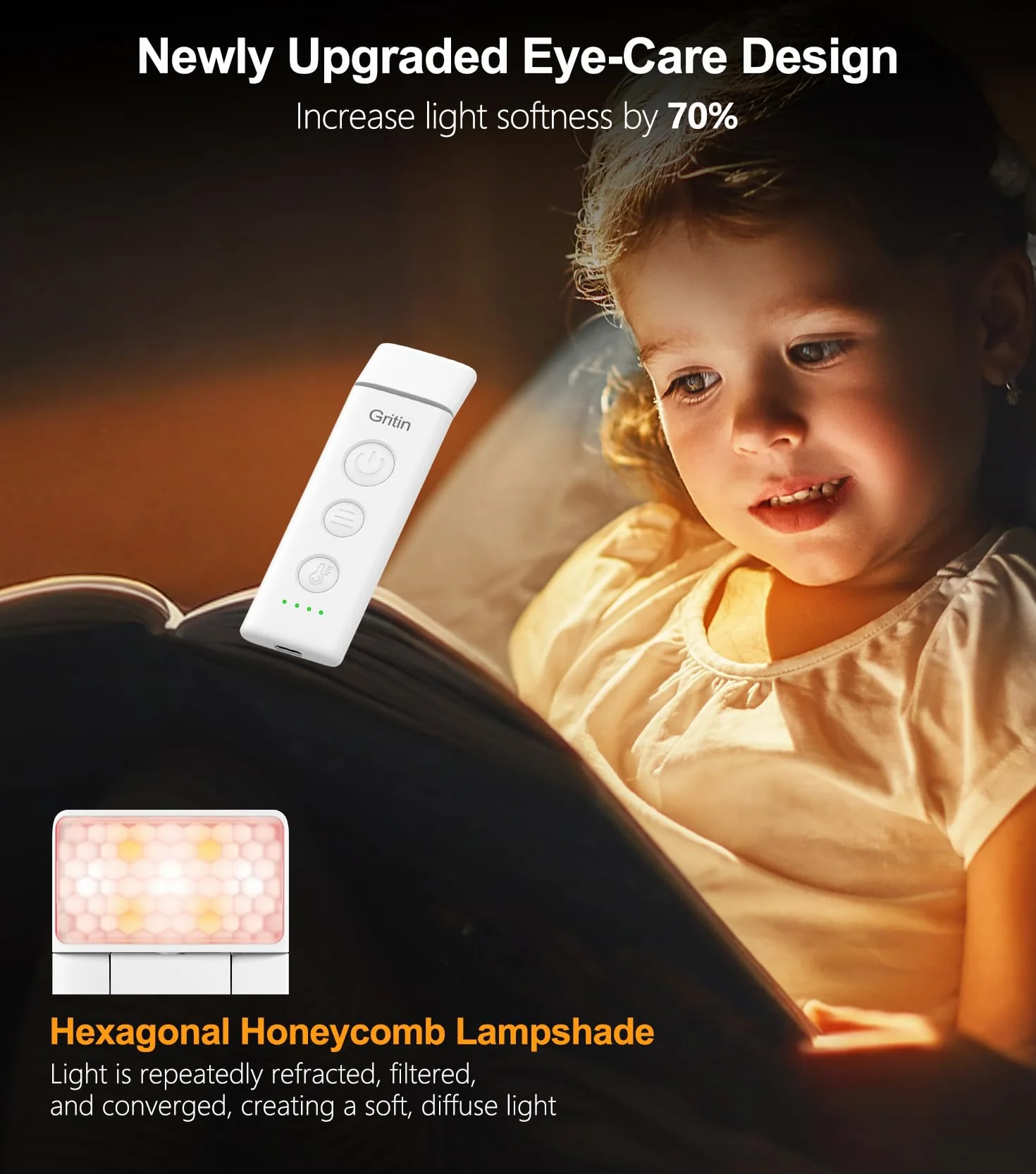 Gritin Lampe de Lecture Rechargeable, Liseuse Lampe Clip, 3 Couleurs Protection des Yeux, 5 Luminosités Réglables, Compacte et Durable