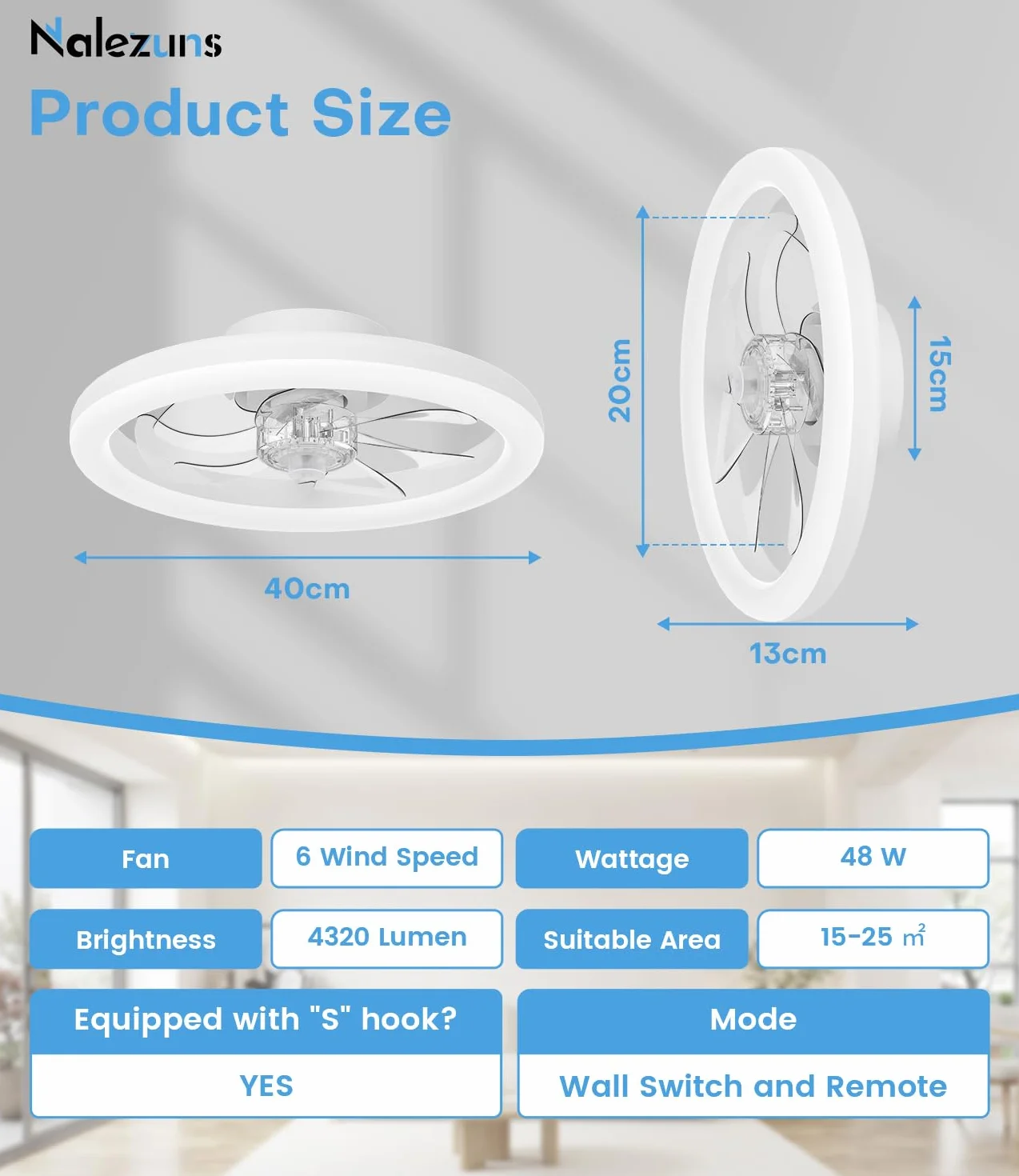 Ventilateur de Plafond 40cm avec Lumière Silencieux, Intensité Variable, 3 Couleurs