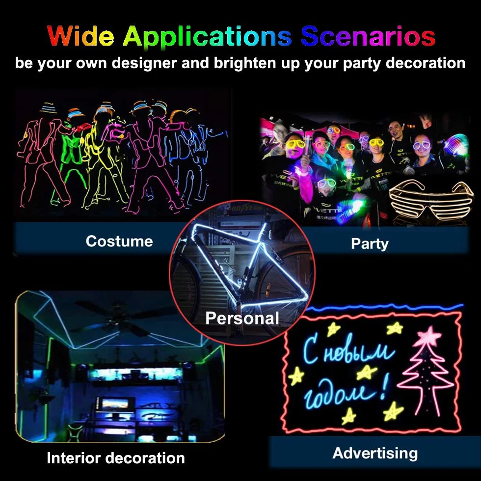 Néons électroluminescents portables 2,7 m avec batterie Lot de 5 pour fêtes Halloween décoration