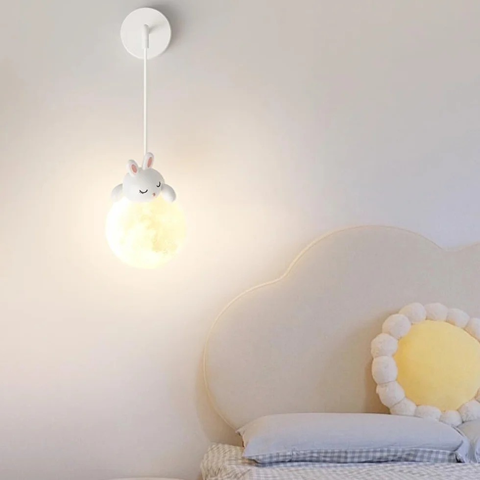 SEMANHUA Applique murale câblée 3D boule de lune lampe de chevet nordique à intensité variable lapin