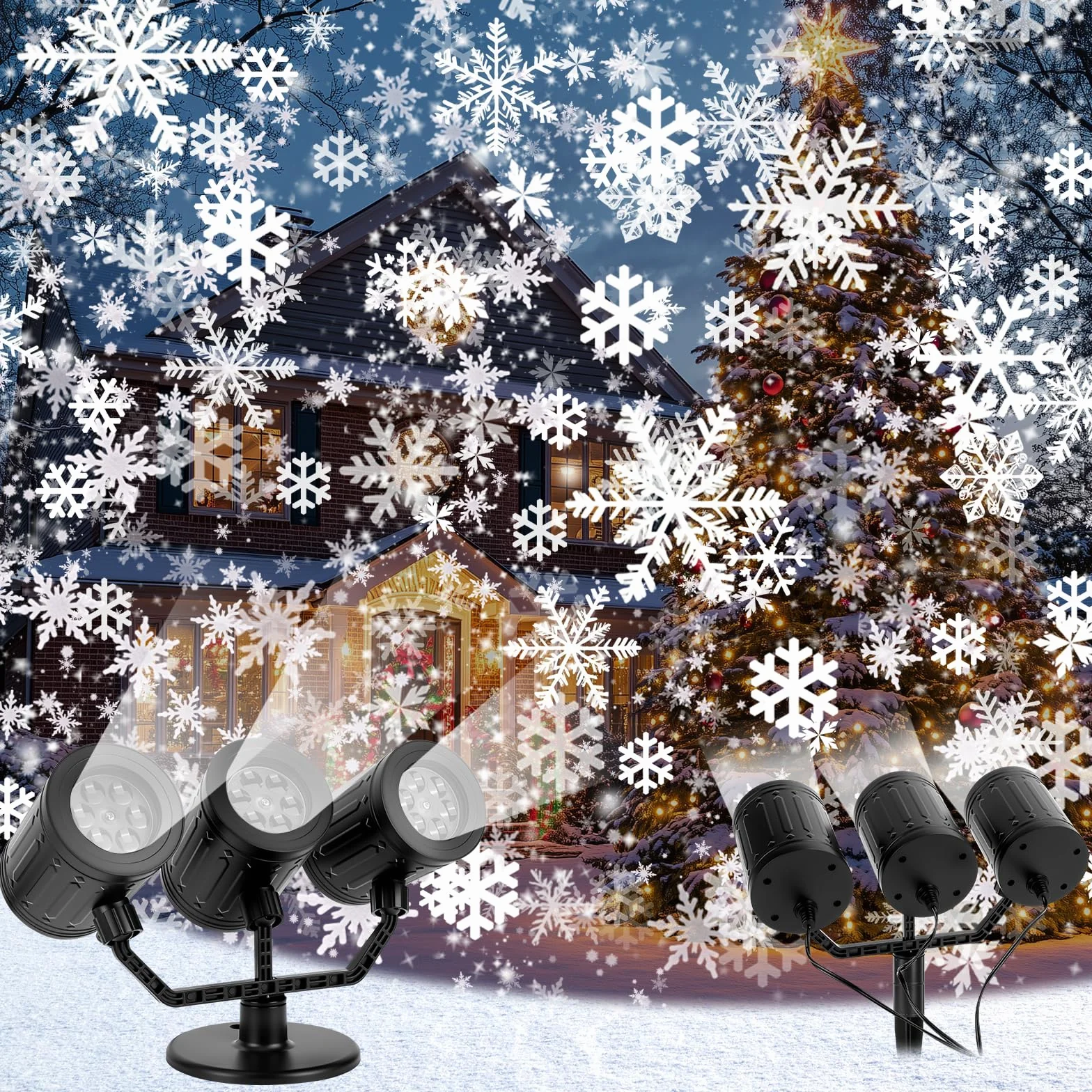 Charmofun Projecteur de Noel Exterieur 3 Têtes Flocons de Neige Dynamique IP44 Étanche Temporisé Déco Lumineuse Noël