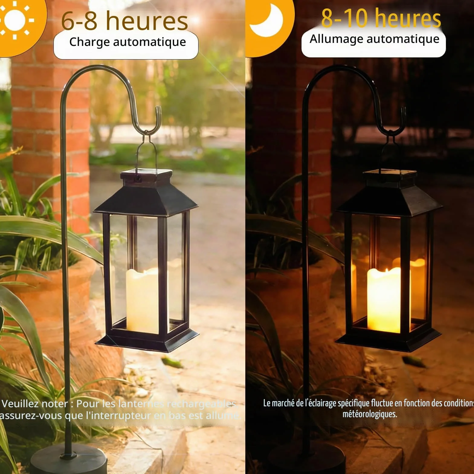 Lanterne Solaire Exterieur 2 Pièces Suspension Lampe Solaire Bougie LED Flamme Vacillante IP44 Étanche Noir
