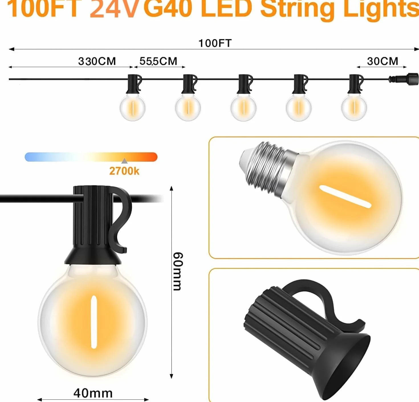 Guirlande Guinguette Extérieur 30M Lumineuse G40 LED IP45 Blanc Chaud Chaîne Lumiere Exterieur