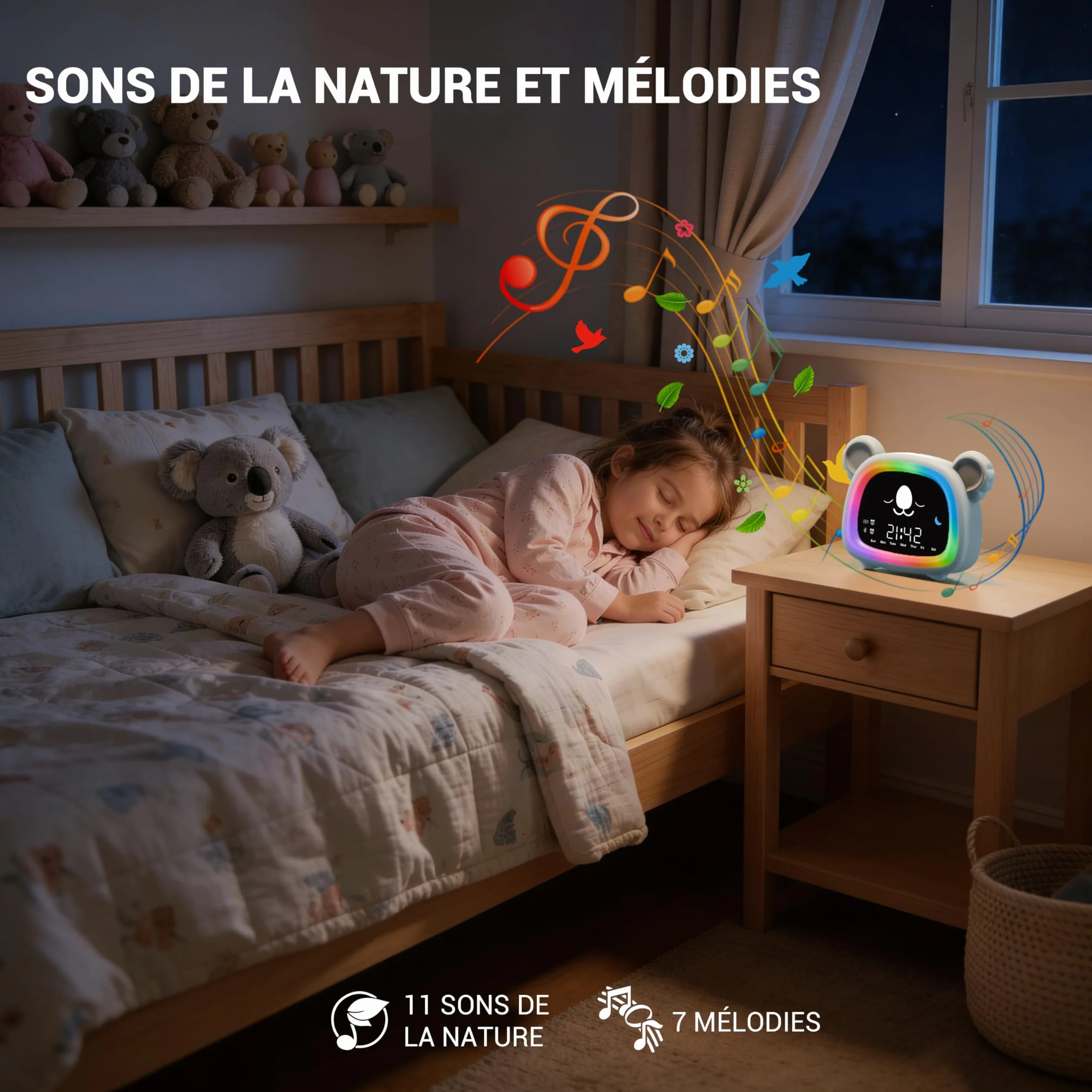 OCTAV Réveil Enfant Éducatif Bluetooth Musical Son Naturel Veilleuse LED Rechargeable Apprentissage Sommeil Soleil Lune