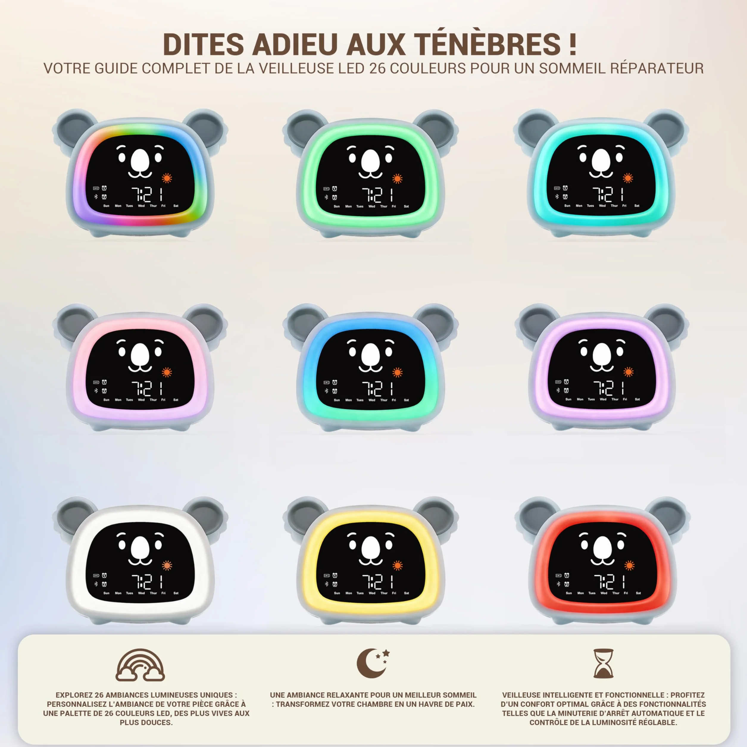 OCTAV Réveil Enfant Éducatif Bluetooth Musical Son Naturel Veilleuse LED Rechargeable Apprentissage Sommeil Soleil Lune