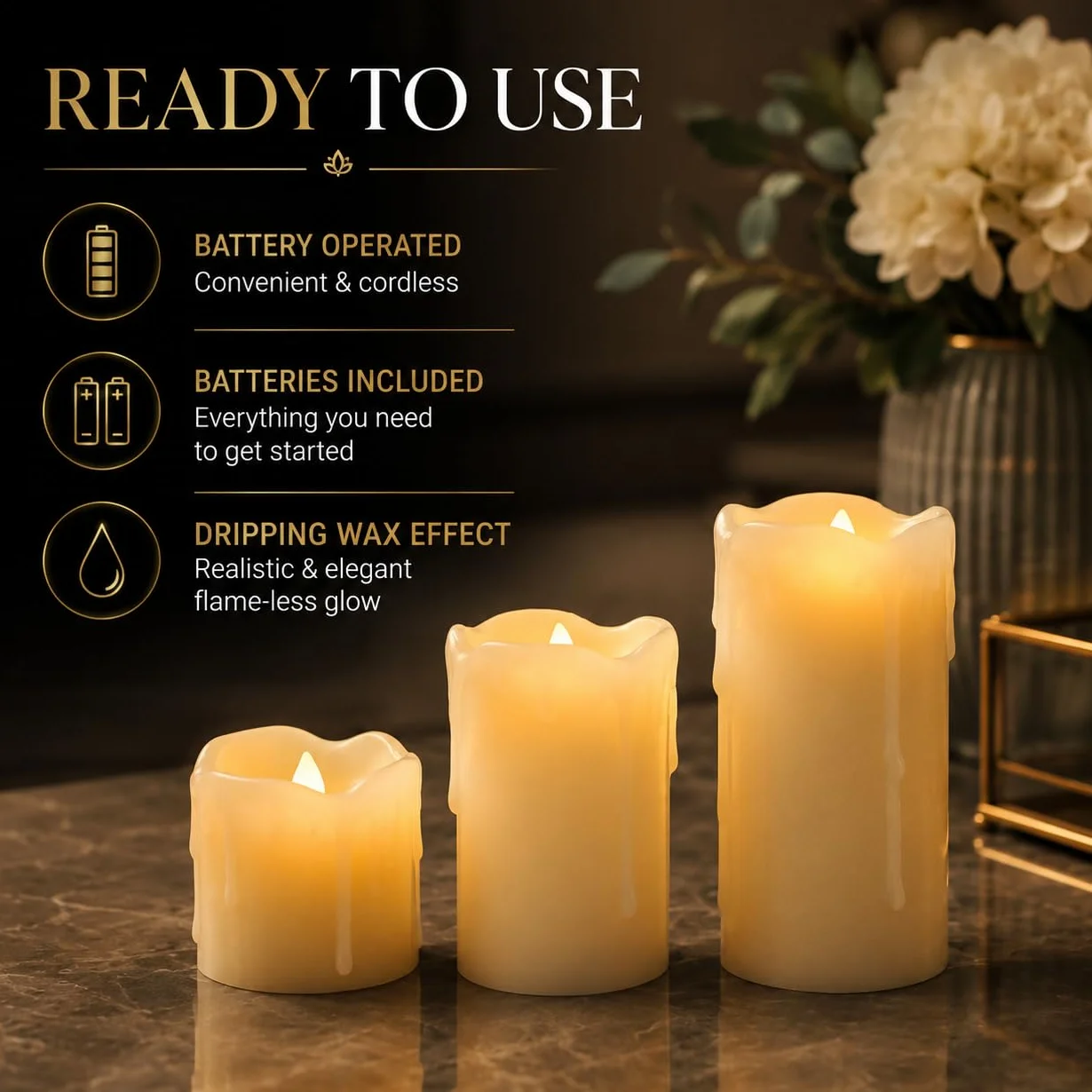 Festive Lights Lot de 3 Bougies LED Effet Flamme Vacillante Cire Effet Fondu Pilier