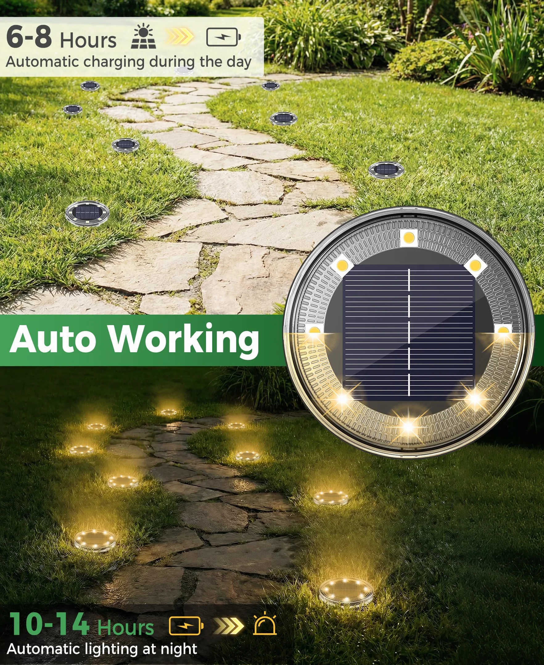 LOTMOS Lot de 12 Lampe Solaire Au Sol, 8 LED IP68 Étanche, Spot Solaire Extérieur Jardin, Blanc Chaud