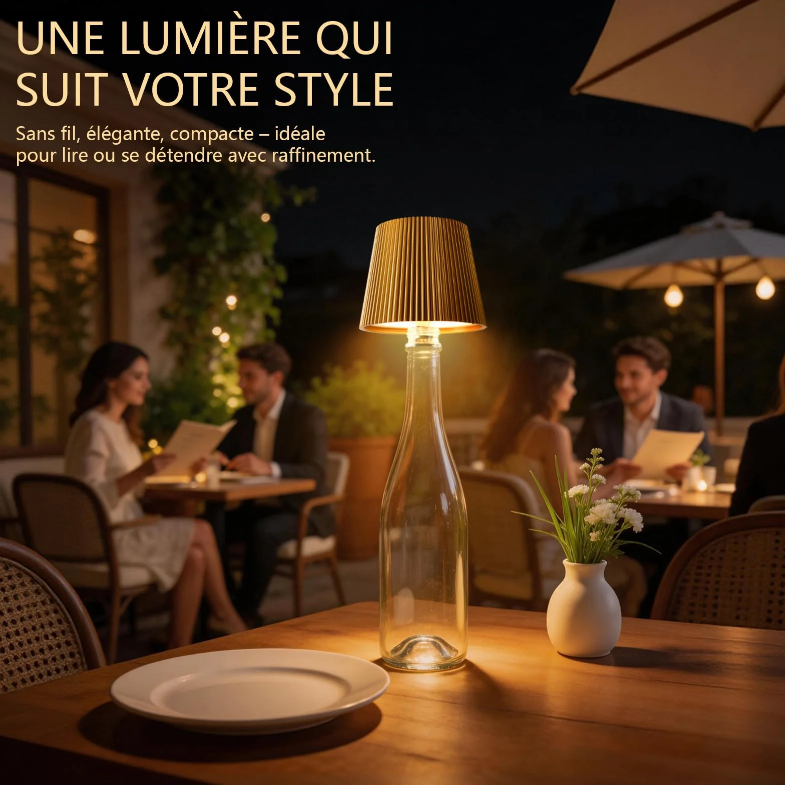 Lampe LED décorative dorée Rechargeable USB-C Sans fil IP54 3 températures réglables pour récipient en verre à goulot standard Table Balcon Terrasse Camping