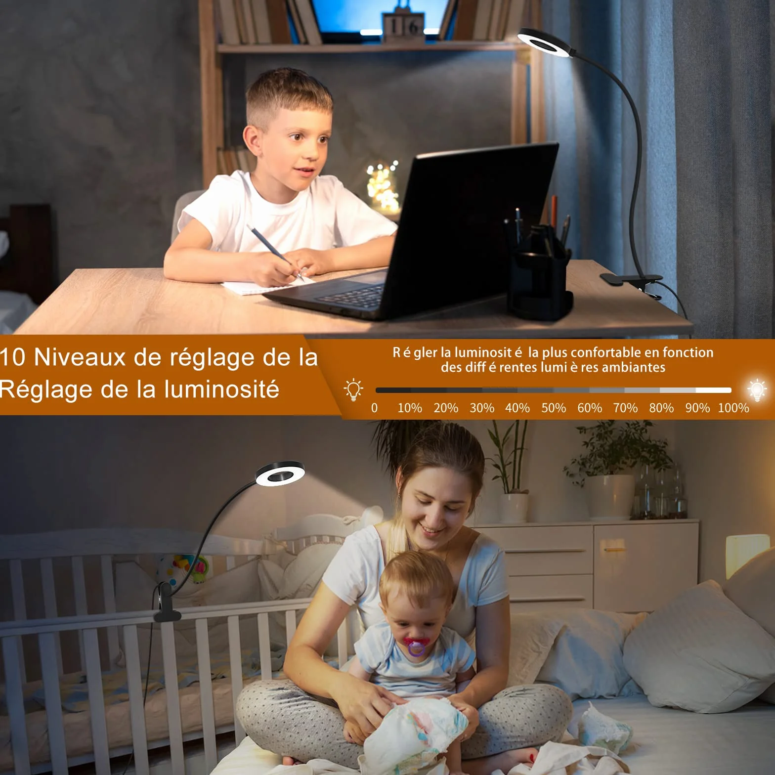 iZELL Lampe de Bureau à Pince LED 40CM, 3 Modes 10 Niveaux Luminosité, Flexible 360°, avec Adaptateur USB
