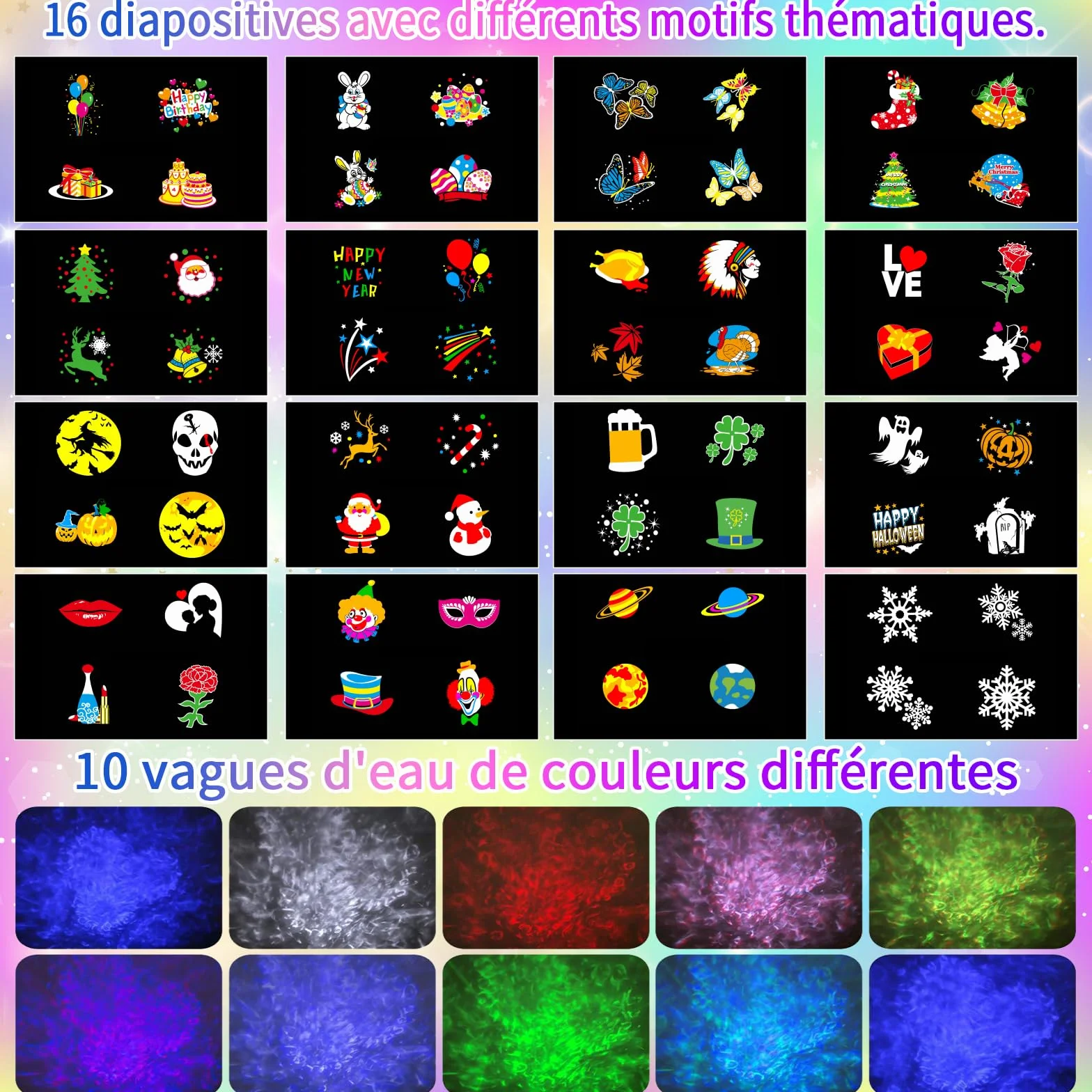 Projecteur LED Noël Extérieur Intérieur avec Télécommande 16 Motifs Effets Vagues Étanche