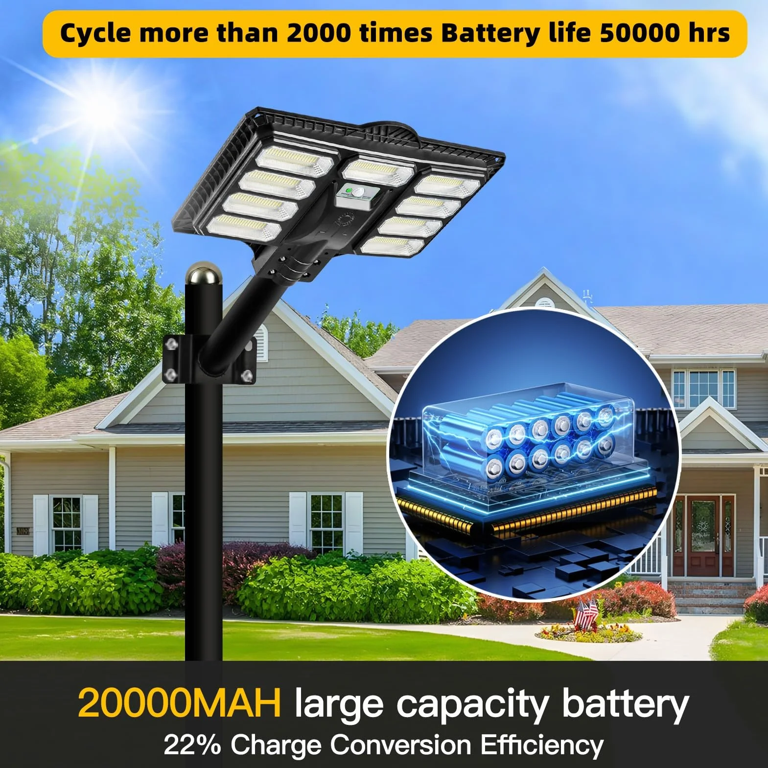 HYPOW 500W Réverbère Lampadaire Solaire Extérieur IP65 6500k