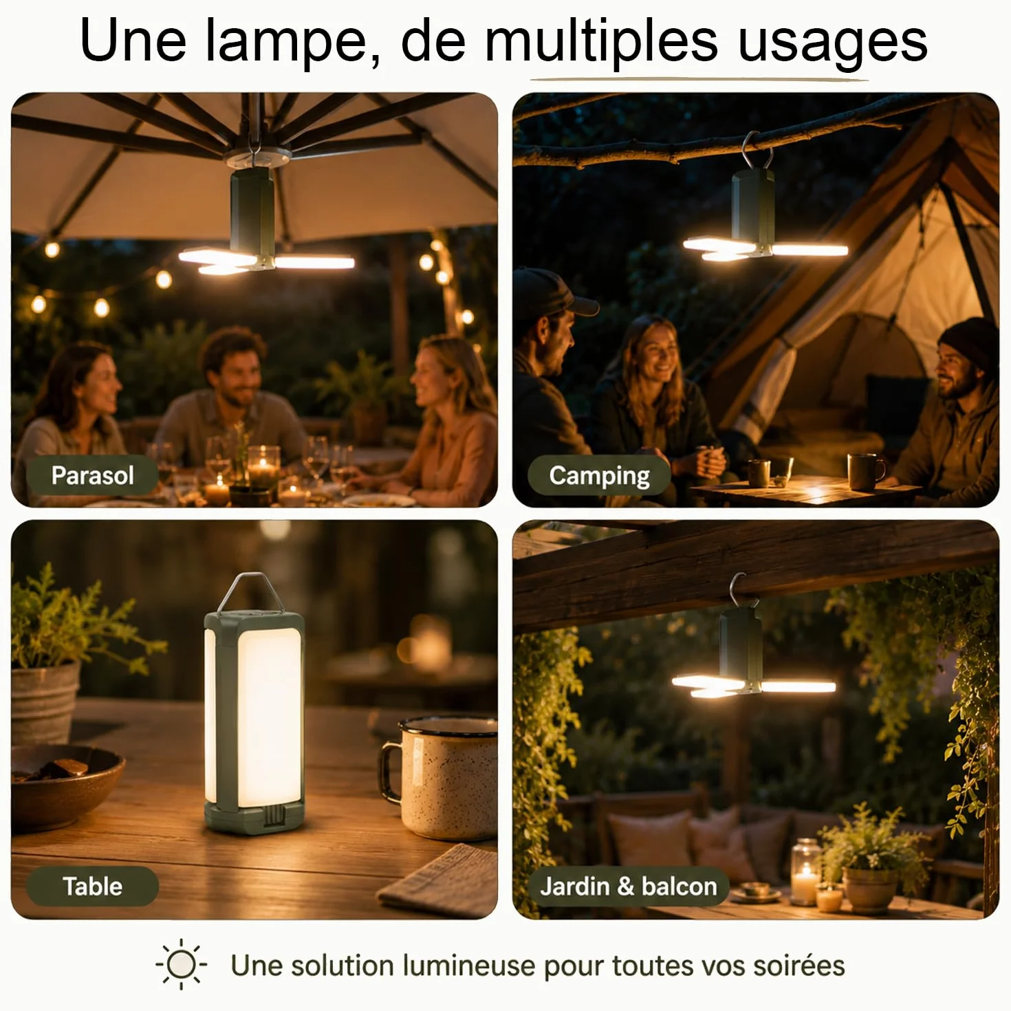 Lampe Parasol LED 500lm Éclairage Extérieur Rechargeable USB Solaire 3 Températures de Couleur Résiste à l'Eau Jardin Terrasse