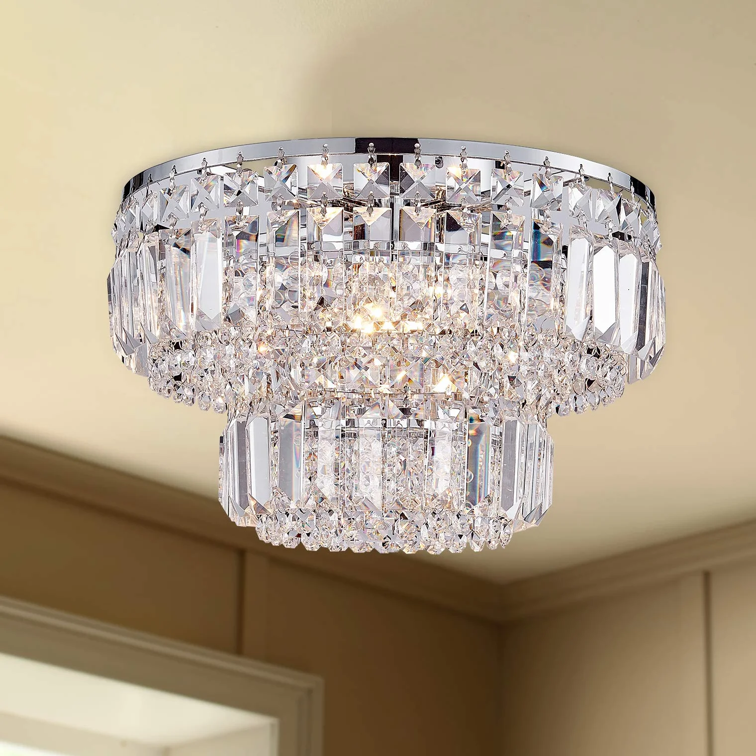 Bestier Moderne Chrome Cristal Plafonnier Éclairage Lustre Éclairage LED Plafonnier Lampe Pour Salle À Manger Salle De Bains Chambre À Coucher Salon 4 G9 Ampoules Diamètre Requis 33 cm x Hauteur 24 cm