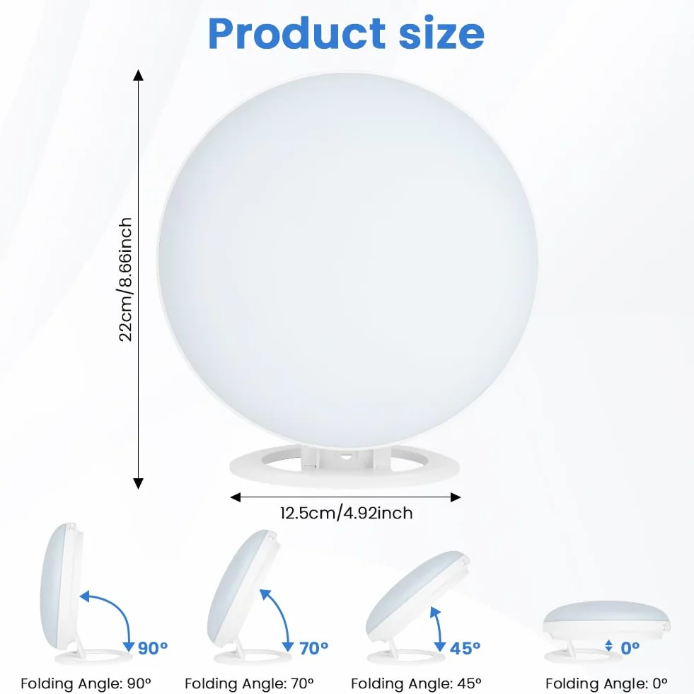 AOOWU Lampe de Luminothérapie 10000LUX-30000LUX, Lampe Solaire Compacte Sans UV 3 Températures de Couleur 10 Niveaux de Luminosité avec Support Pliant