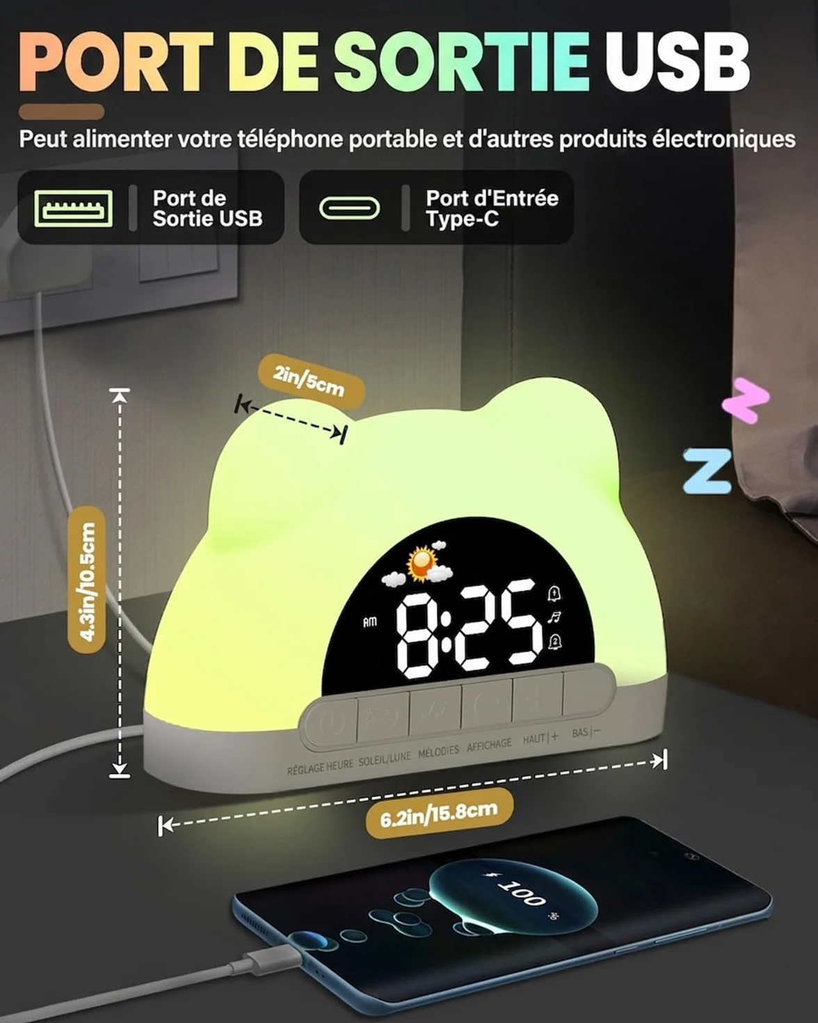 Horloge Sommeil Bébé avec Veilleuse LED RGB 11 Couleurs, Double Alarme, 10 Sons Apaisants, Jour/Nuit