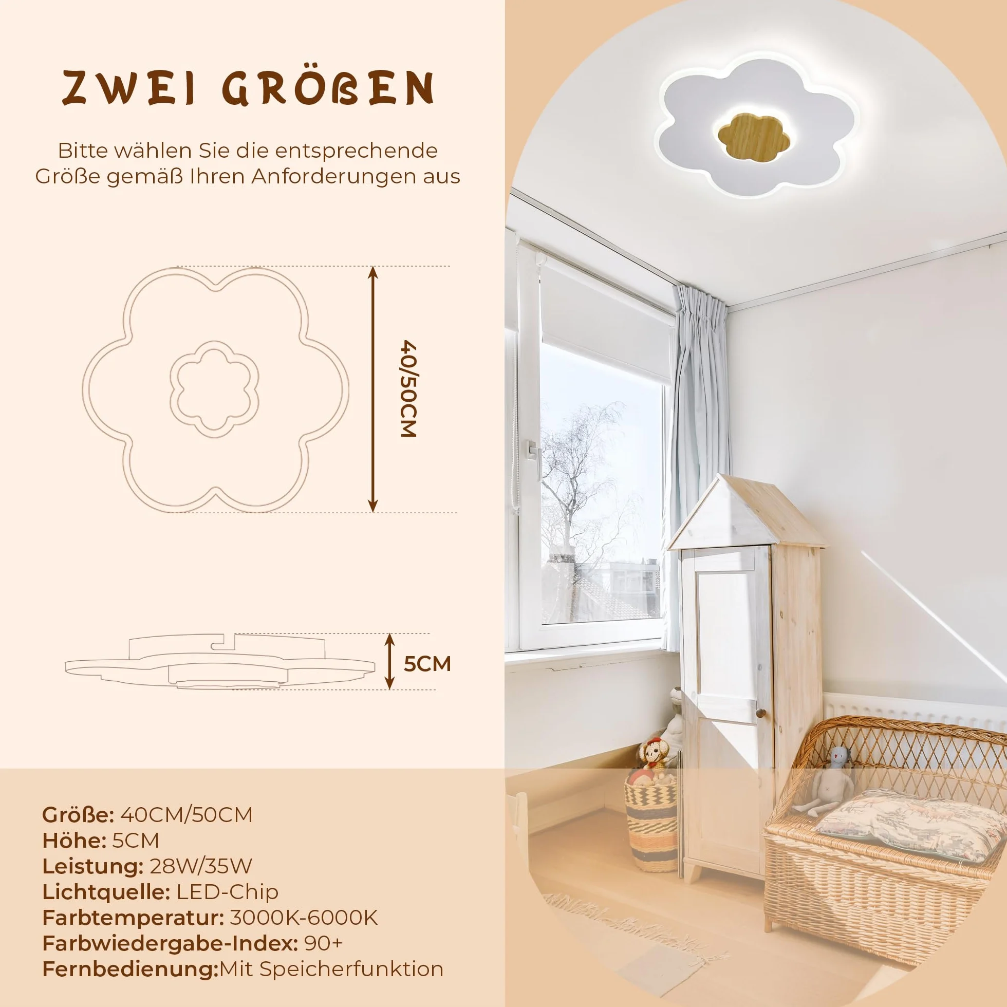 Plafonnier LED Enfant Fleur Bois Dimmable 3000K-6000K 28W 40cm Veilleuse