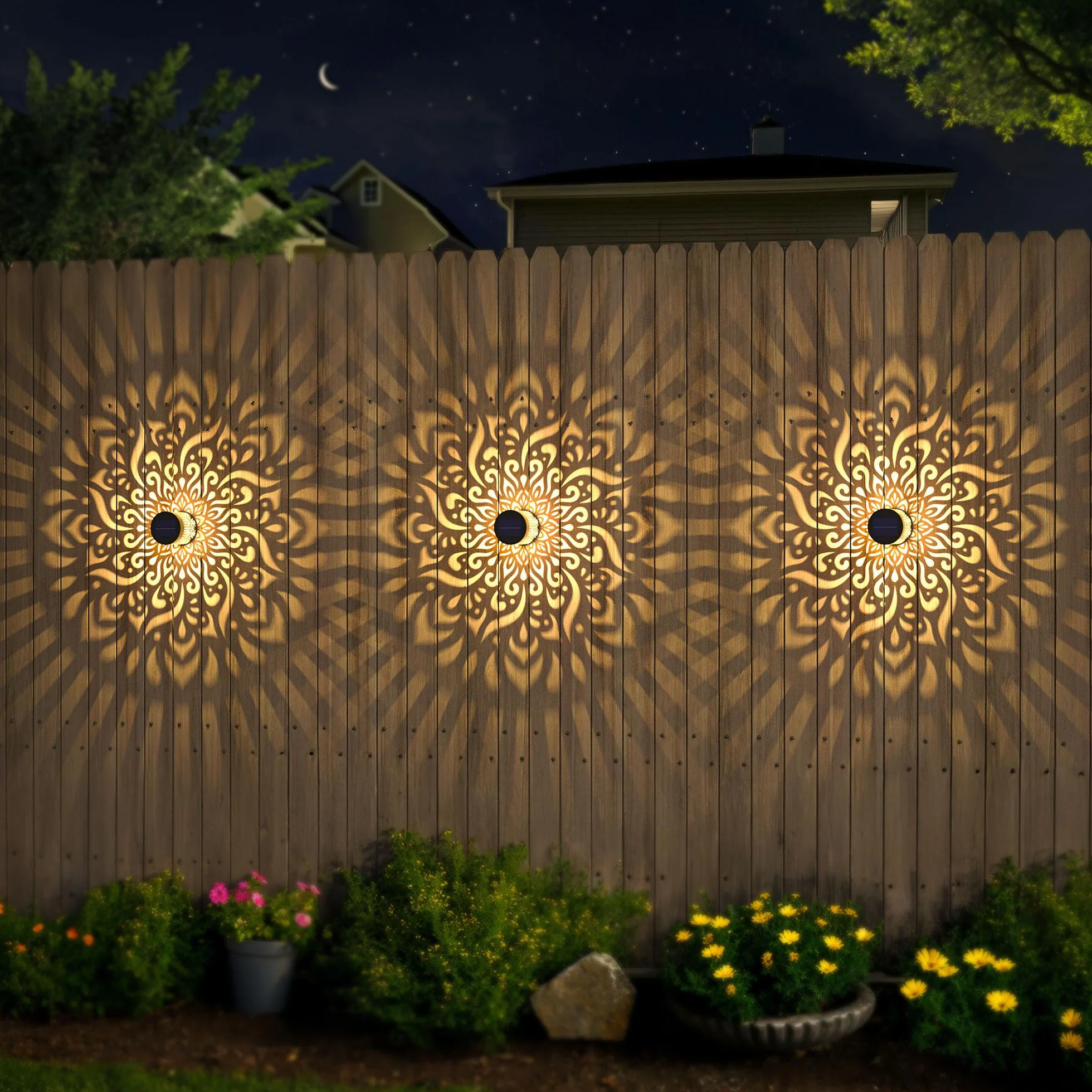 Lampes Solaires de Clôture en Métal Lot de 2, Éclairage Extérieur Mur Terrasse Mandala, Lampe de Poteau Jardin Étanche