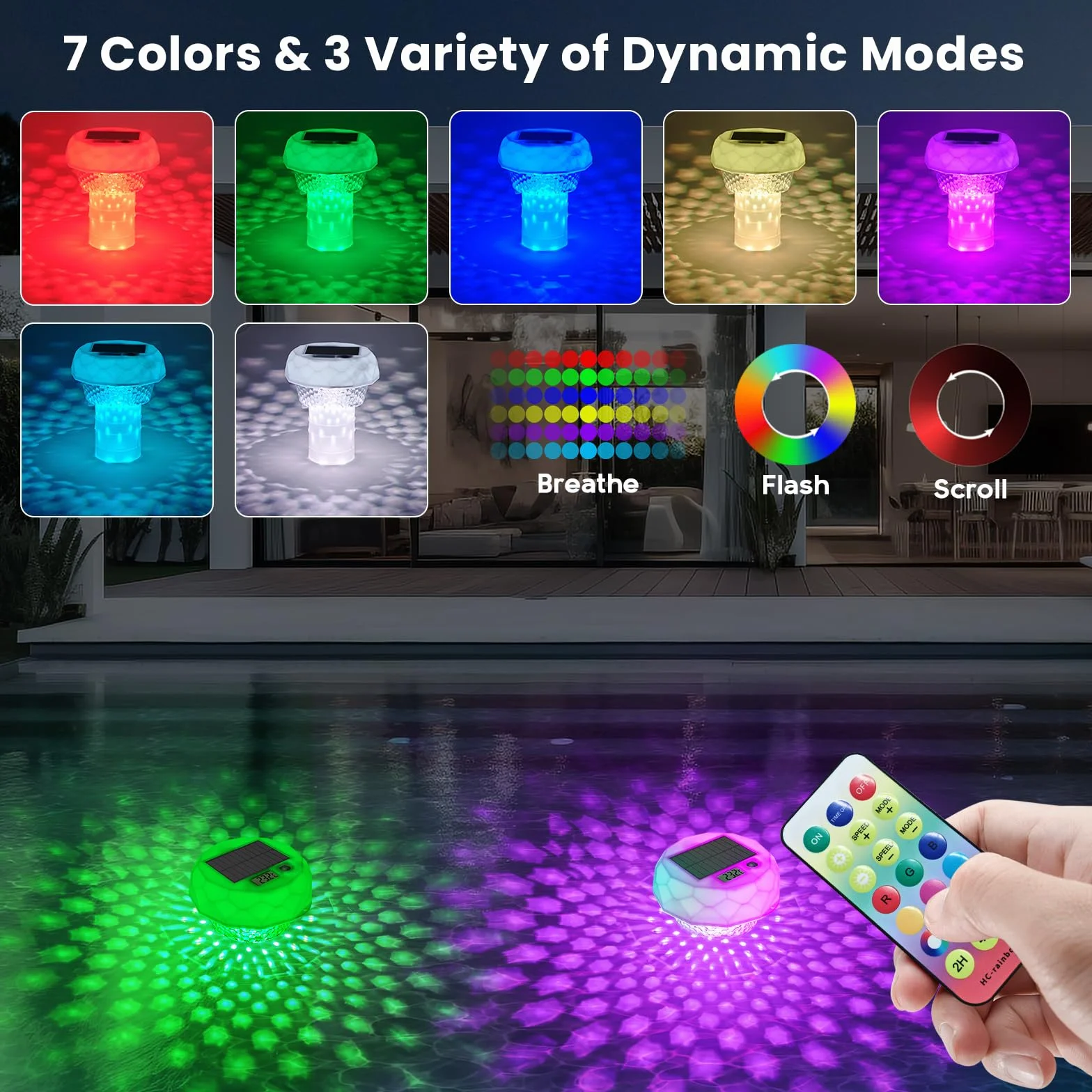 Lumière Piscine Solaire IP68 avec Diffuseur Chlore, Télécommande, 8 Couleurs, Minuterie