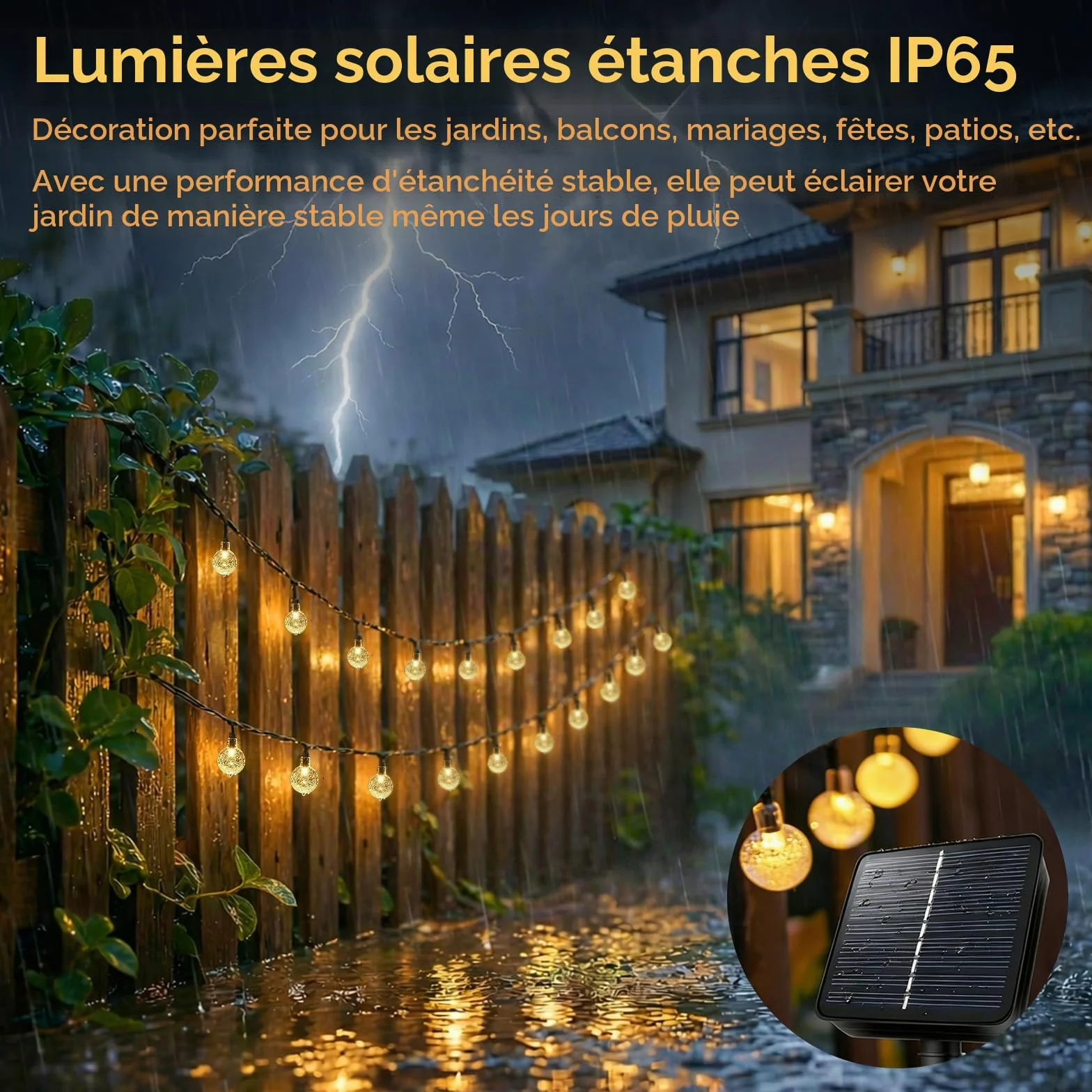 Guirlande lumineuse solaire d'extérieur 40 LED IP65 8 modes Blanc chaud