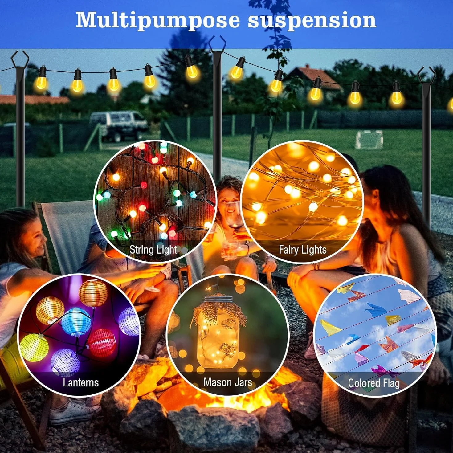 Lot de 4 poteaux en métal 3 m avec fourchette pour guirlande lumineuse extérieure, support de jardin