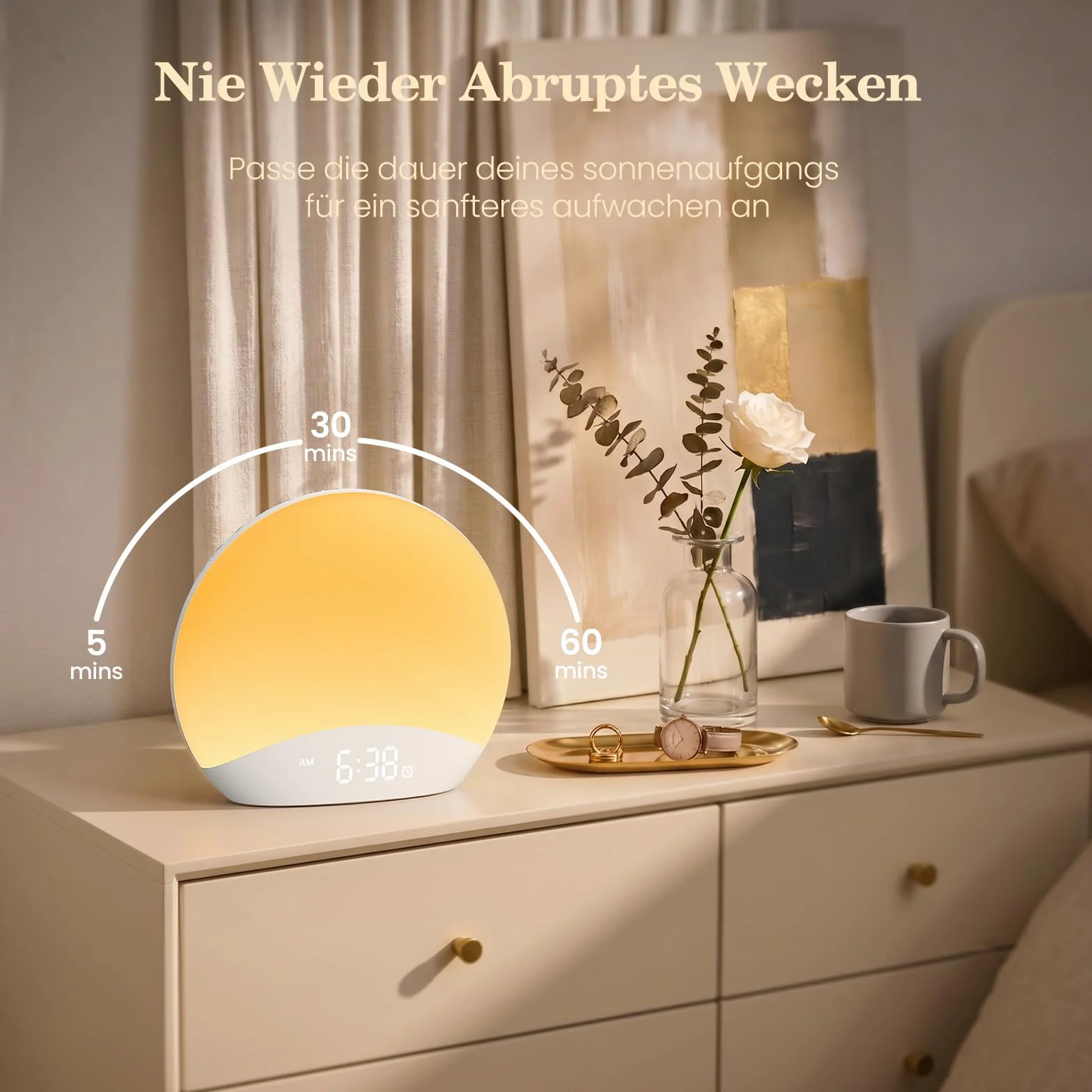Réveil Lumière Simulant l’Aube avec Bruits Blancs, Lampe de Réveil Veilleuse Horloge Numérique Dimable 0–100%, 26 Sons Relaxants