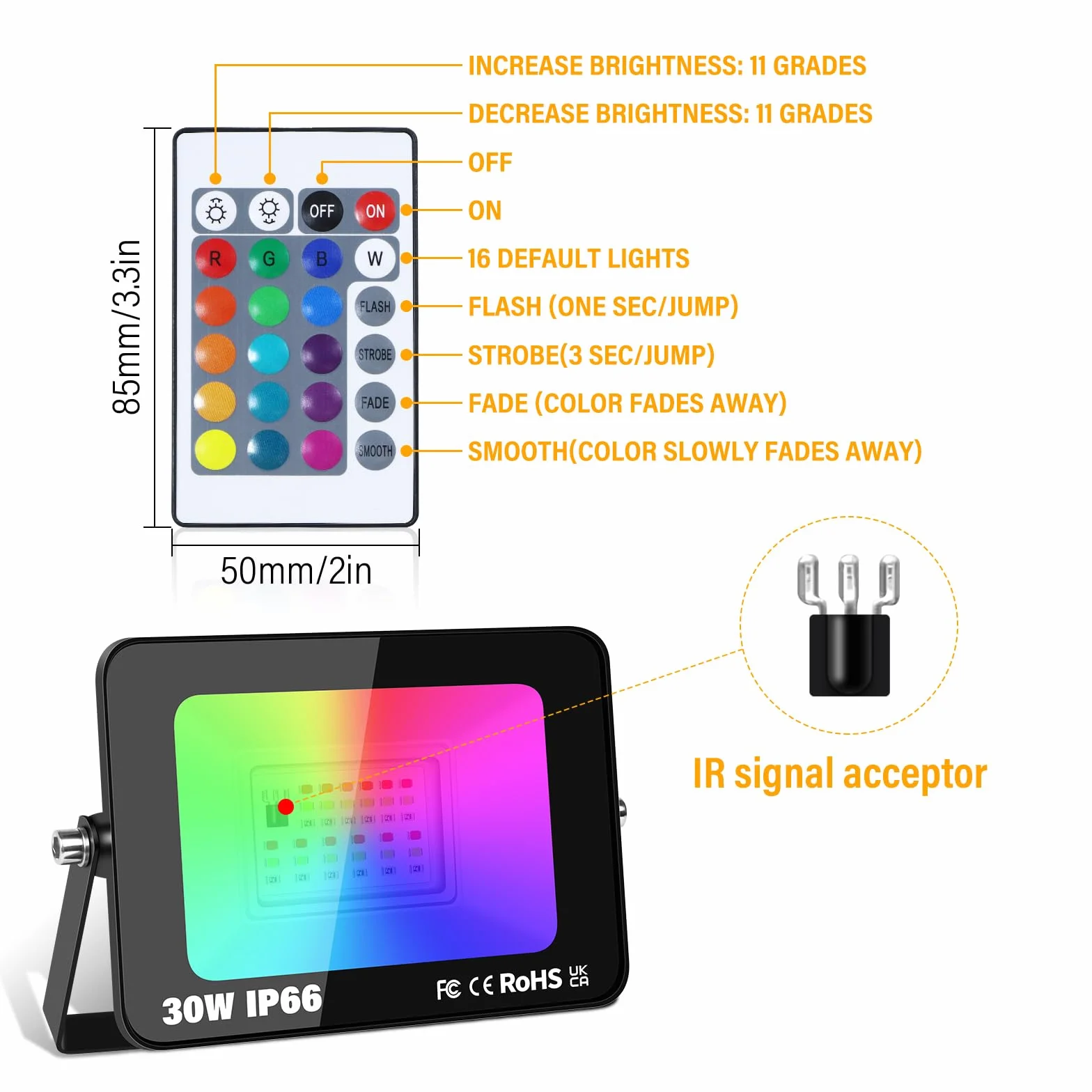 Projecteur LED RGB Exterieur 30W 16 Couleurs 4 Modes IP66 Jardin
