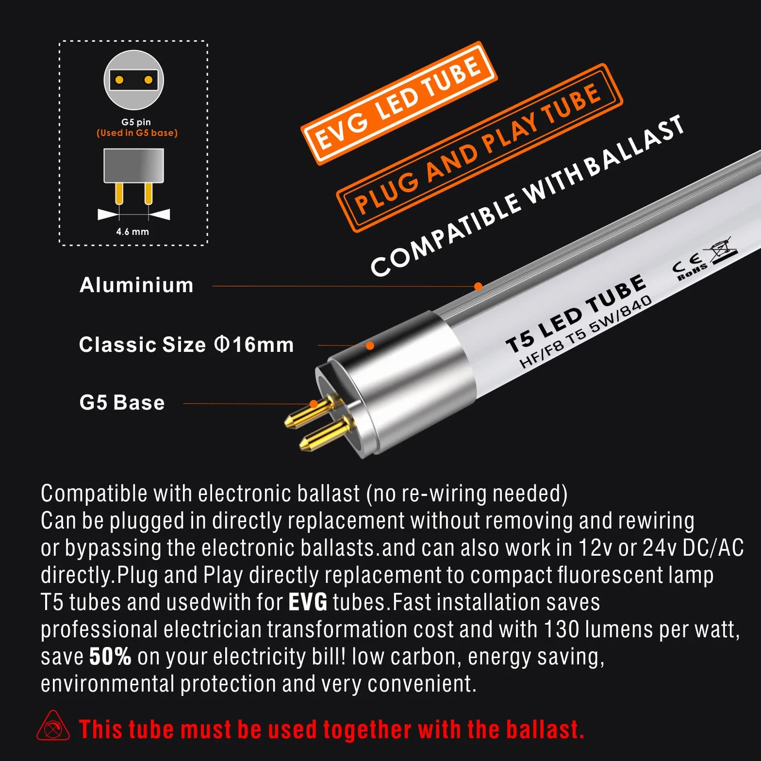Tube LED T5 288 mm 5W 685 lm 6500K G5 Rétrofit Remplacement Fluorescent 8W 2-Pack