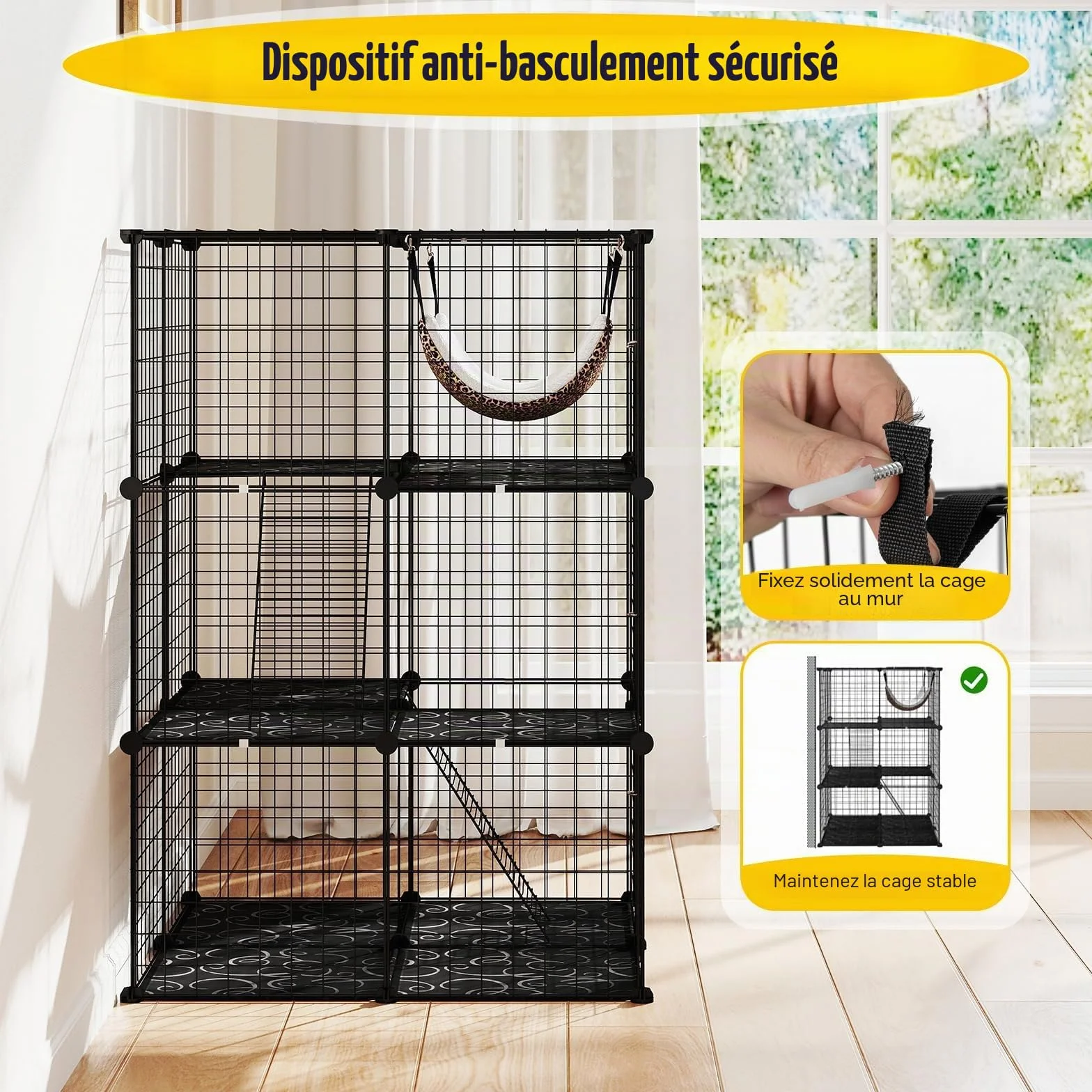 FANTASK Grande Cage à Chat 3 étages Fil métallique avec fenêtre Toit, hamac, 74 x 74 x 107 cm Noir