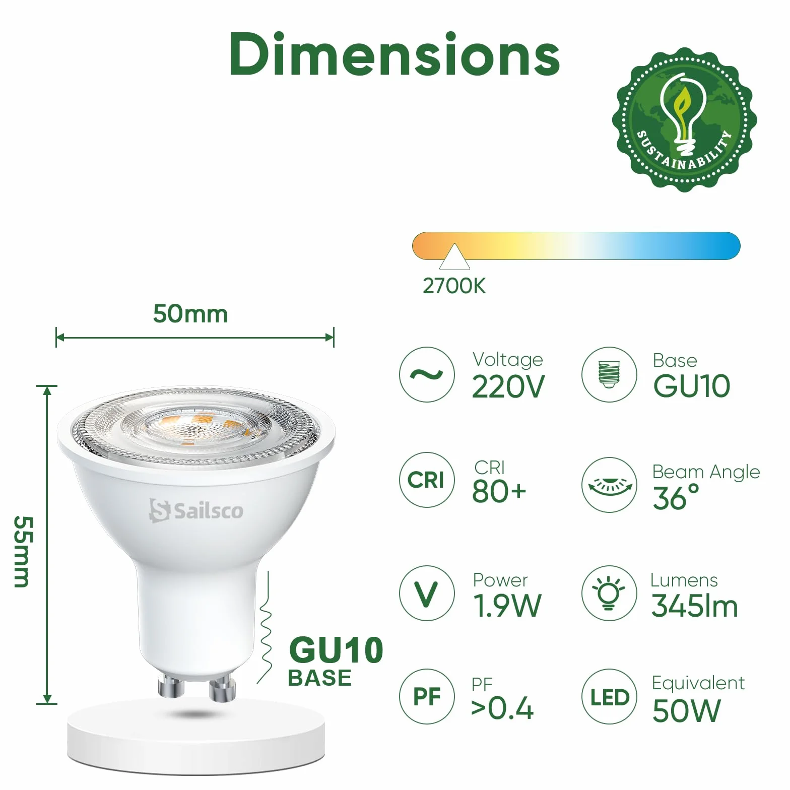 Ampoule LED GU10 Blanc Chaud 1.9W 345LM 2700K 36° Lot de 6