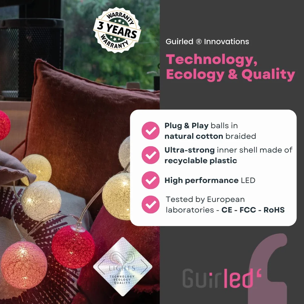 GuirLED Guirlande lumineuse boules coton LED USB Veilleuse bébé 2h Adaptateur double USB 2A 3 intensités 16 boules 1.6m Princesse