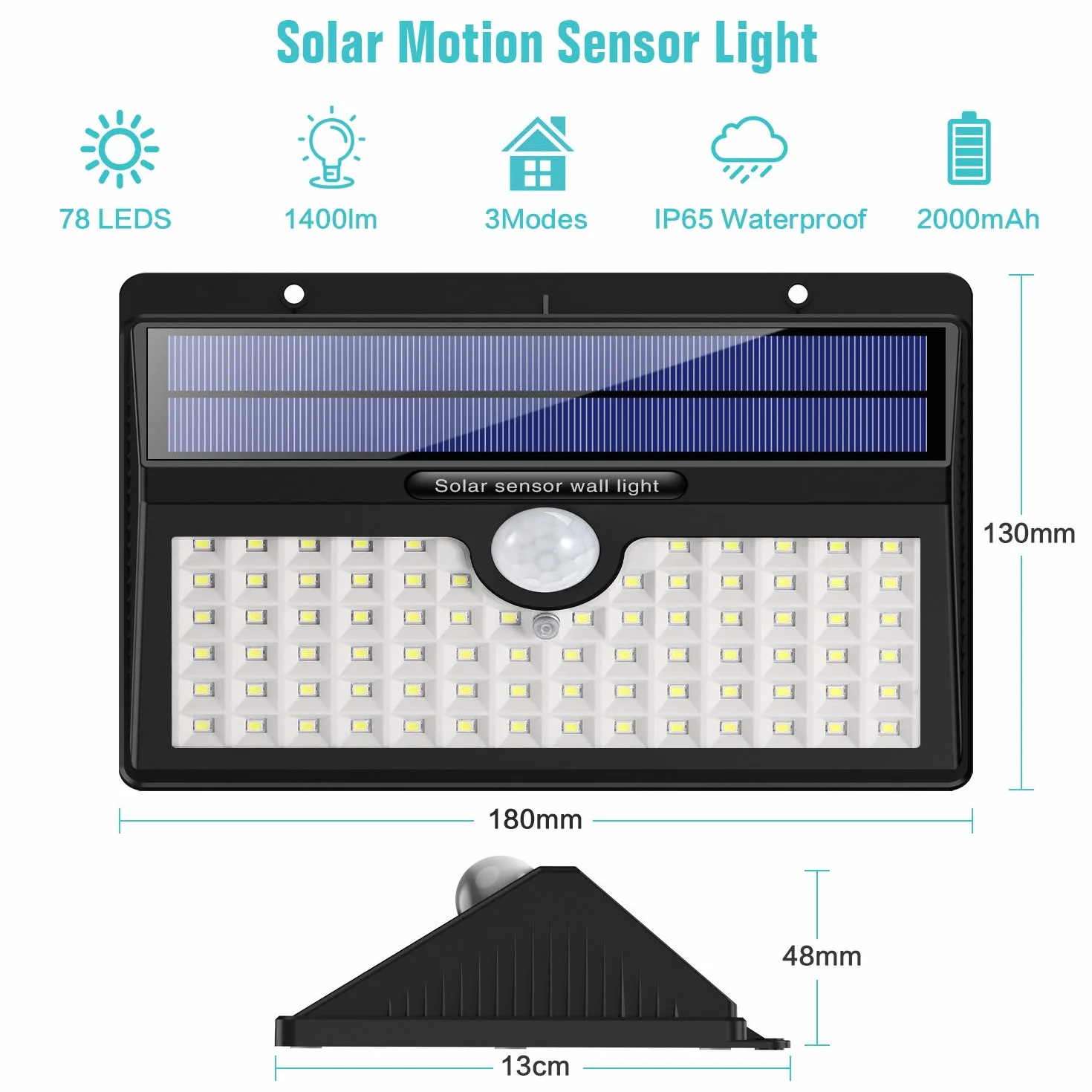 Lampe Solaire Extérieur 78 LED 180° Détecteur de Mouvement Éclairage Étanche Sans Fil
