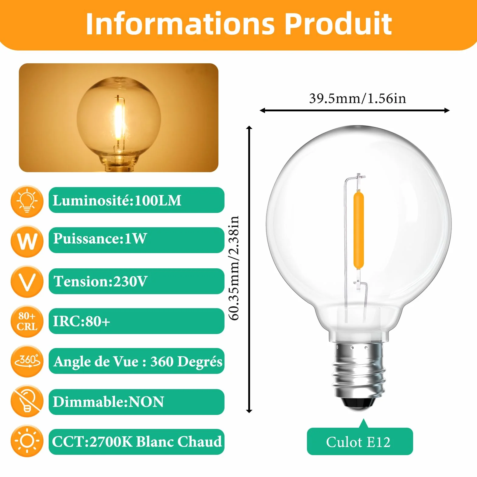 Ampoules LED G40 E12 1W 1W=7W Blanc Chaud 2700K 230V 100LM IP54 Étanche Non Dimmable Lot de 25