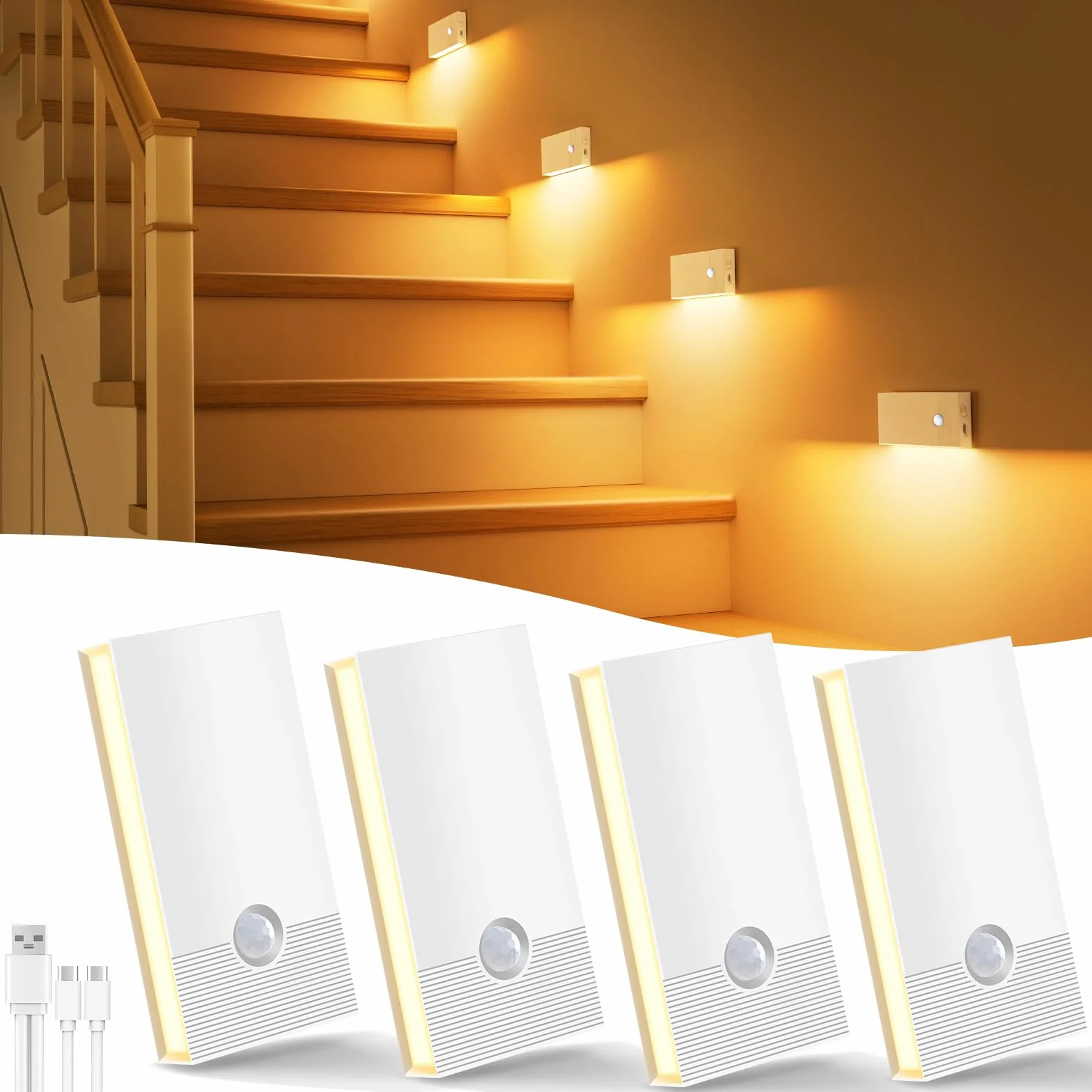 Veilleuse Détecteur de Mouvement LED Rechargeable Lot de 4 2700K pour Intérieur Escaliers Couloirs