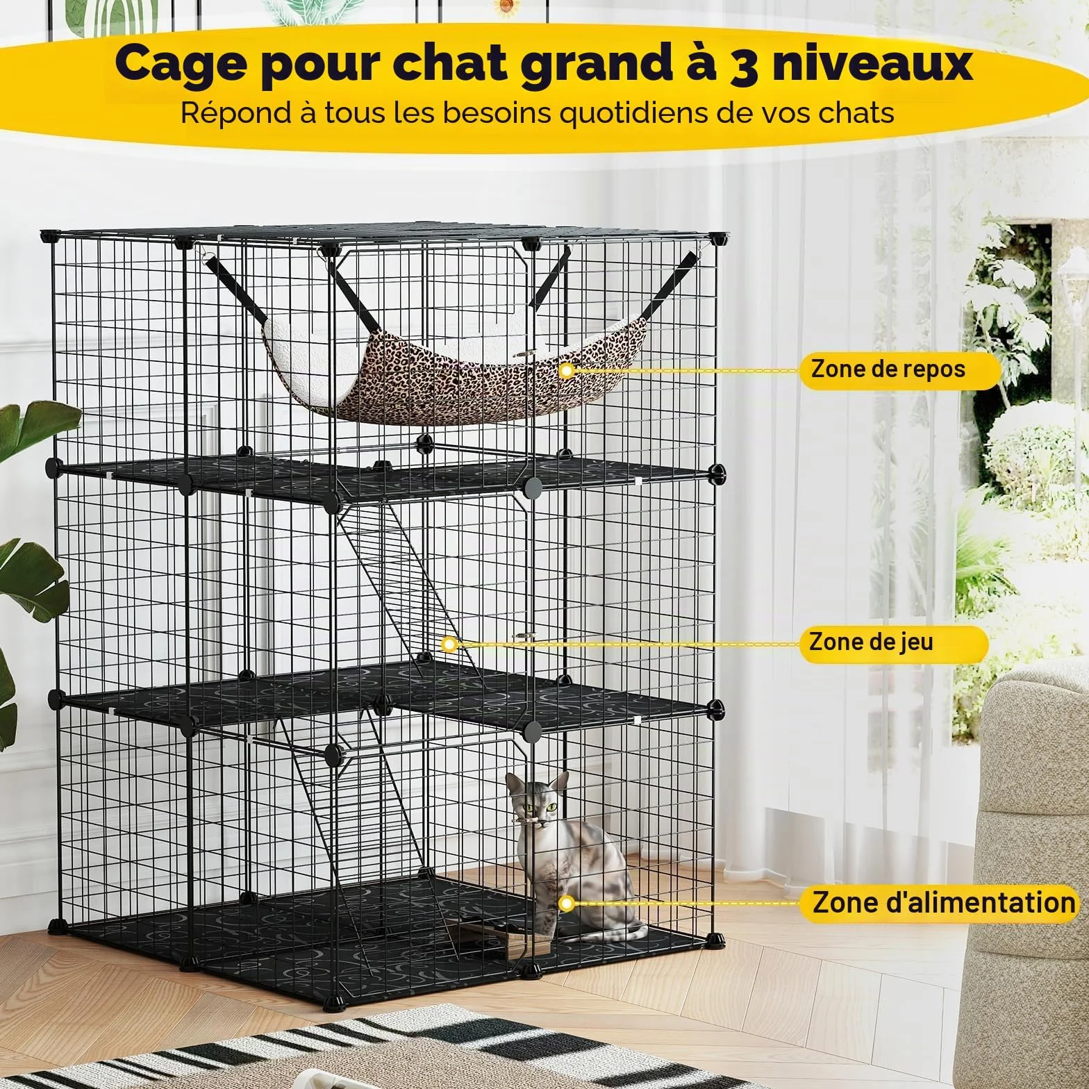 FANTASK Grande Cage à Chat 3 étages Fil métallique avec fenêtre Toit, hamac, 74 x 74 x 107 cm Noir